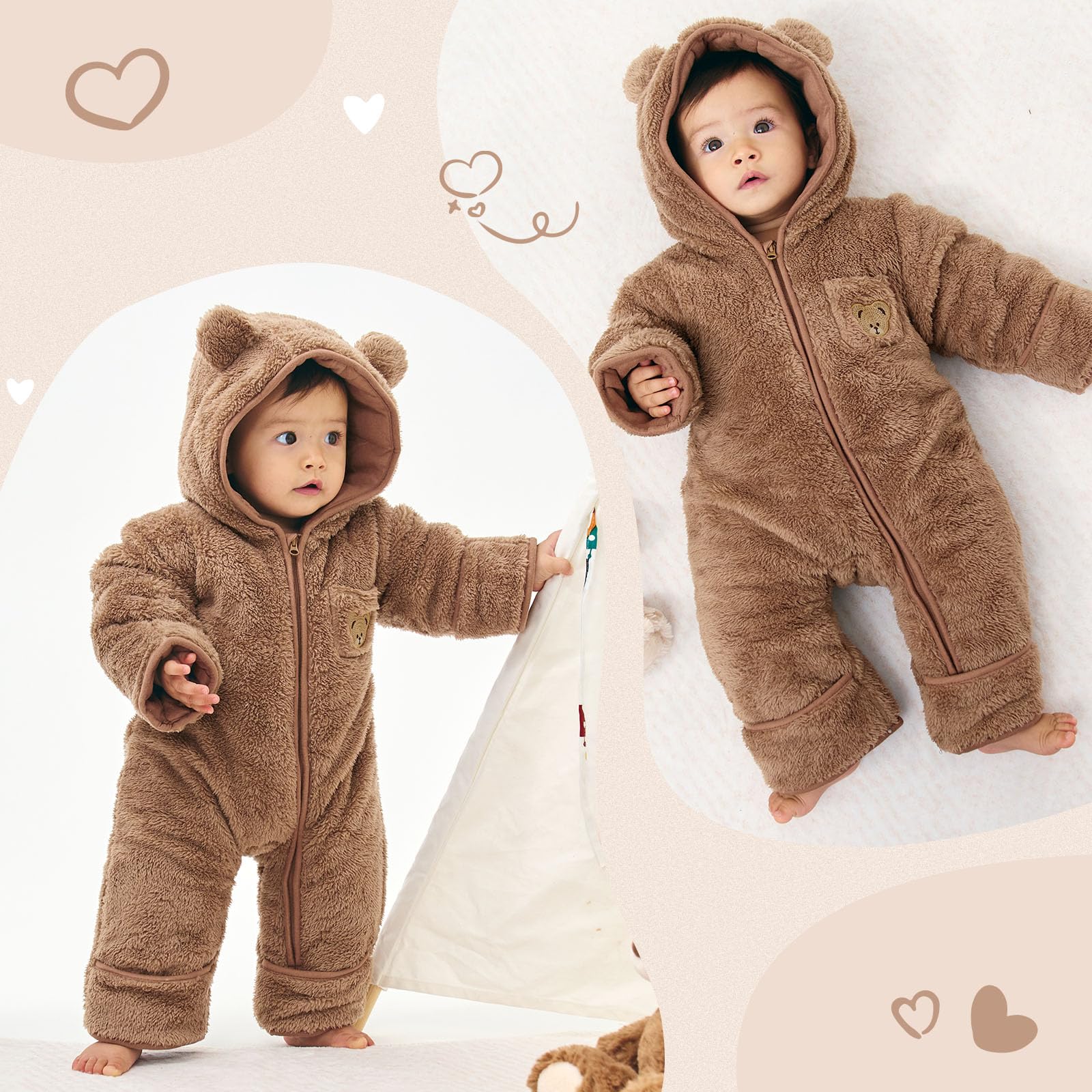 WYTbaby Combinaison d'hiver en polaire pour bébé garçon et fille de 0 à 12 mois - Avec capuche