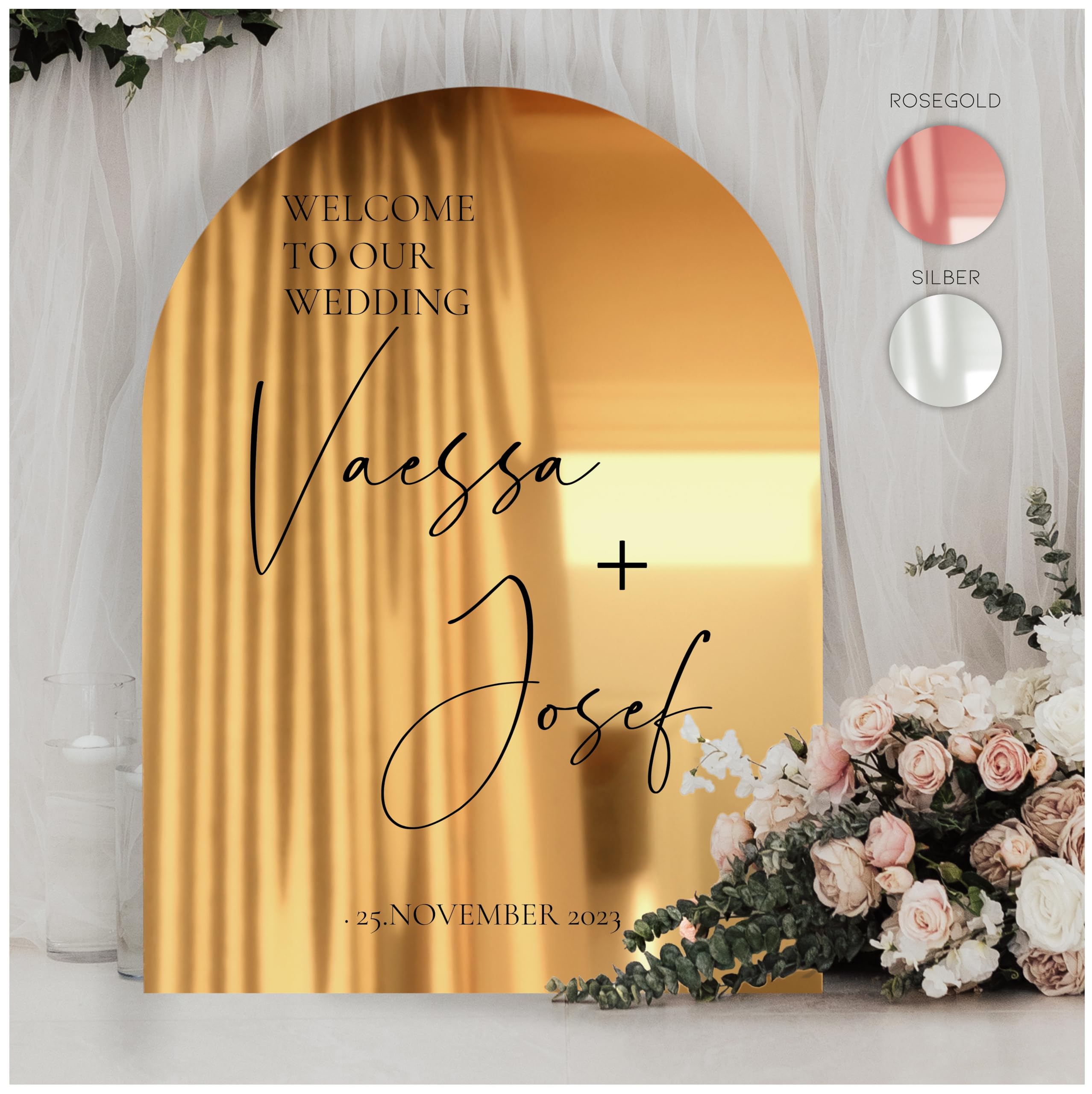 Manschin-Laserdesign Willkommensschild Acrylglas Spiegel personalisiert in veschiedenen Farben - Made in Germany - Welcome Willkommen Schild für Hochzeit (30x45cm, Gold)