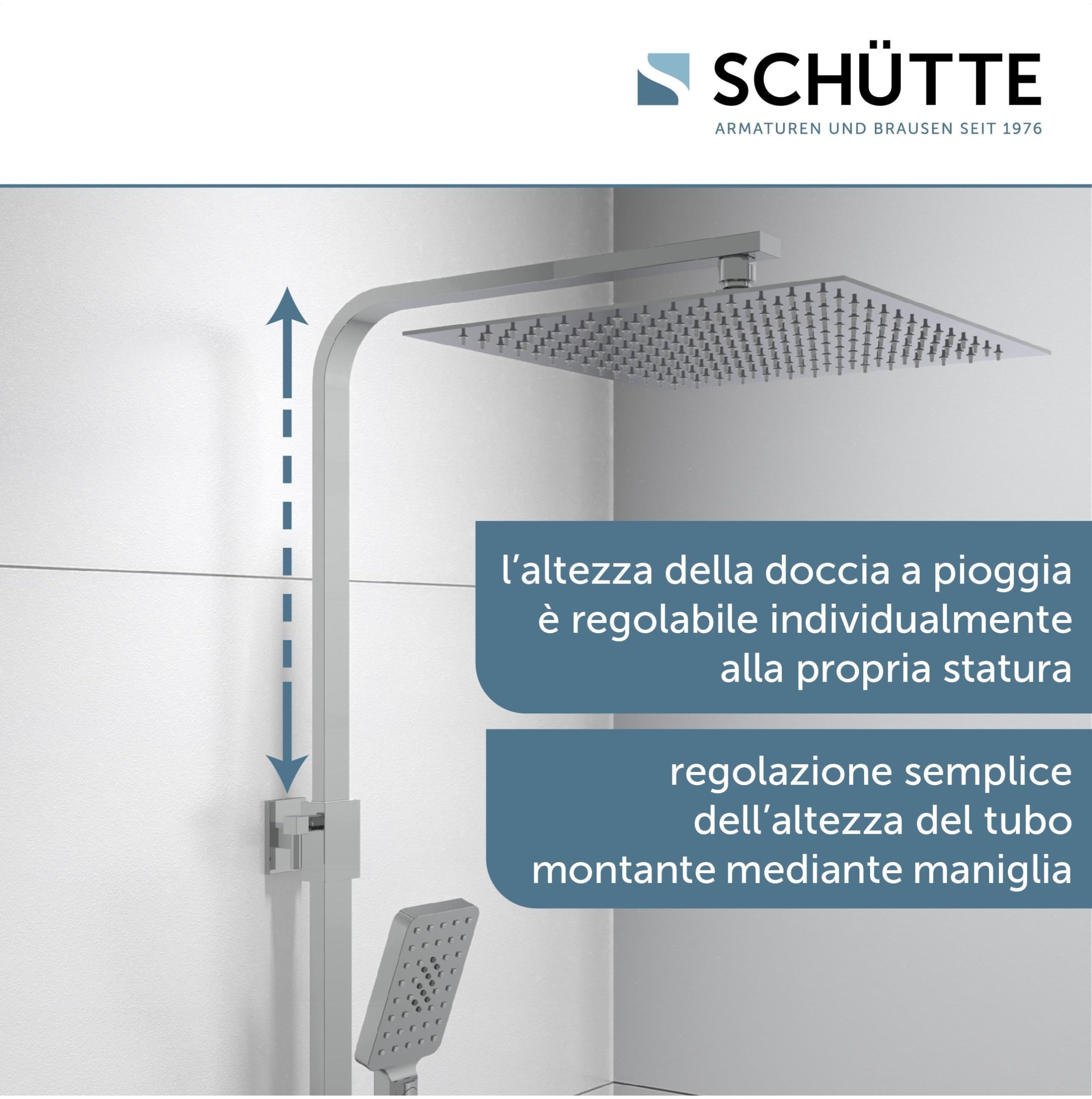 Schütte Sistema termostato e ripiano in Vetro – Set 30 x 30 cm, Pioggia con Supporto a Parete e soffione – Pannello Colonna Doccia in Cromo 60531, Cromato/Antracite, 350 x 1200 x 520 mm