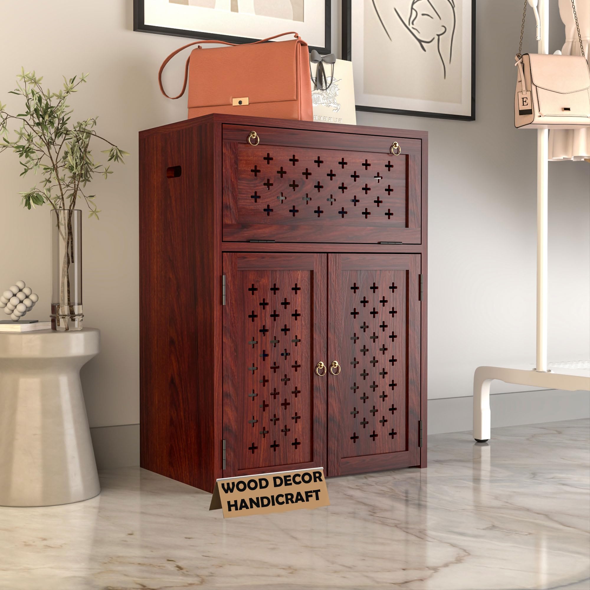 WOOD DECOR HANDICRAFT Solid Wooden Inverter Battery Cabinet | Single Battery Box | Wooden Inverter Battery Cabinet | Battery Box | Sheesham Wood, Standard (Mahogany Finish)
