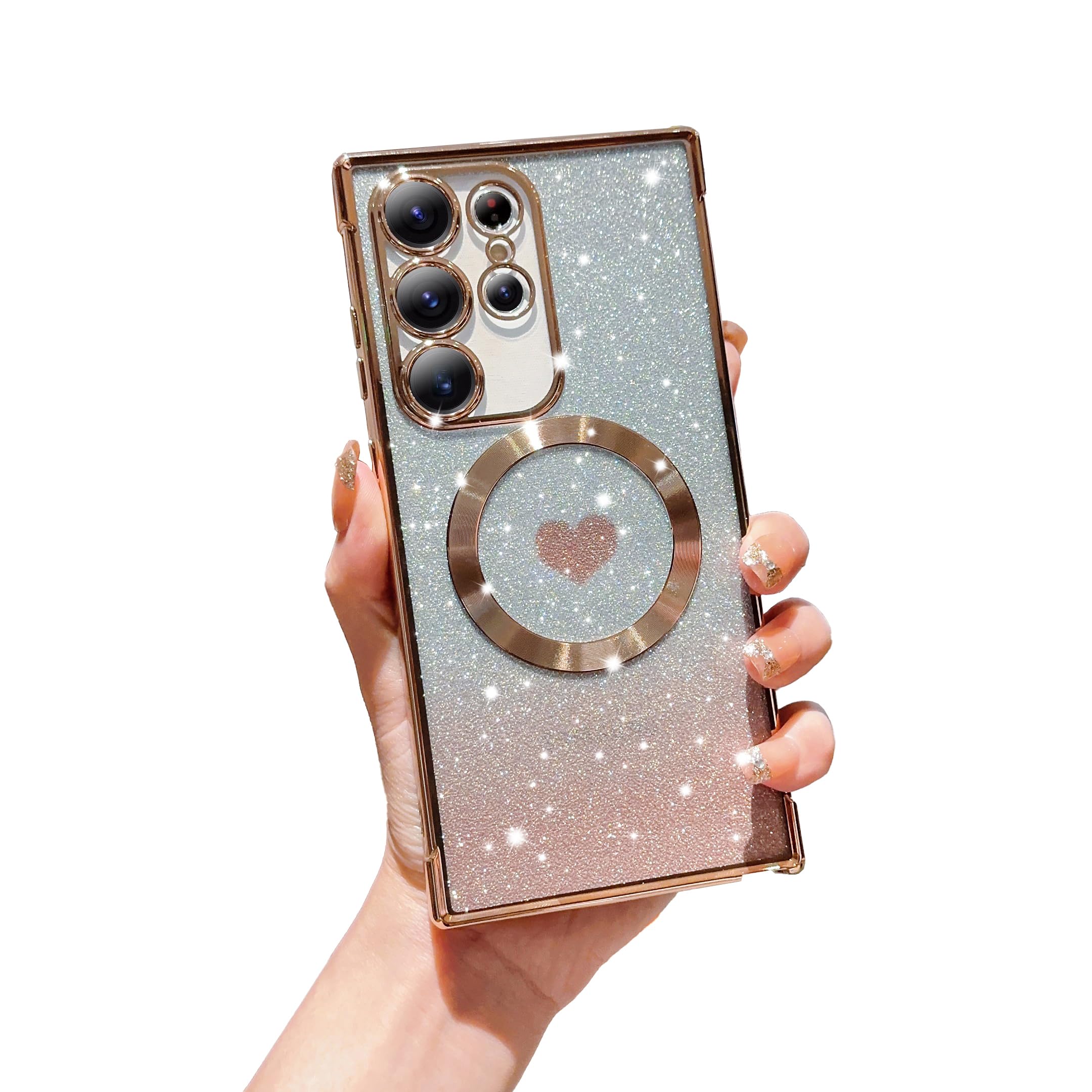FABSPARK for Samsung Galaxy S25 Plus Phone Case,Compatible with Magsafe,Magnetic Plating Glitter Gradient Cute Heart Clear Case,Camera Protection for