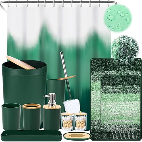 iMucci Bathroom Accessories Dark Green Bathroom Sets with Shower Curtain and Rug,Shower Curtain Set,Bath Rugs Home Decor