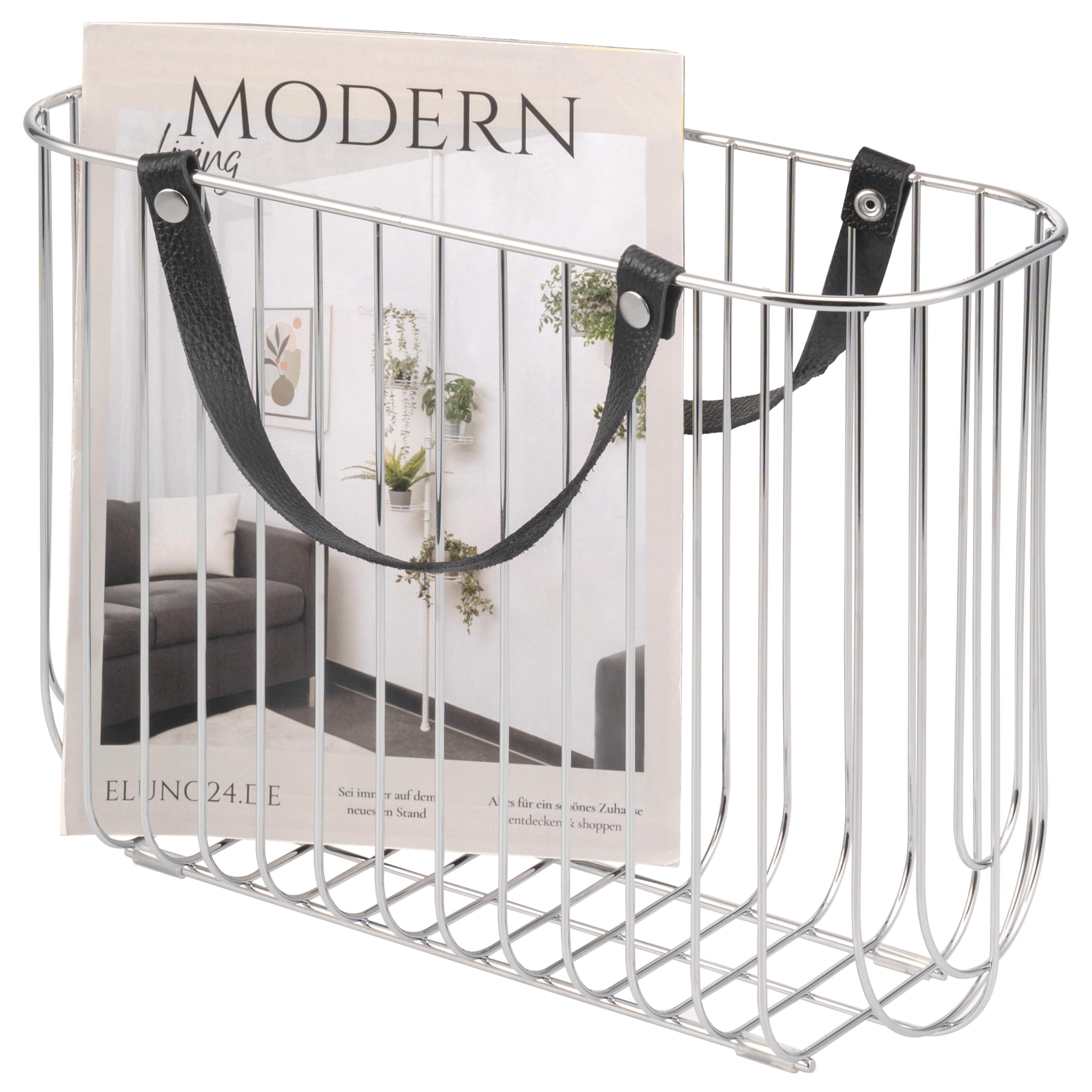 eluno Zeitungsständer aus Metall mit Tragegriffen aus Leder, ca. 36 x 26,5 x 15,5 (B/H/T) (Silber)