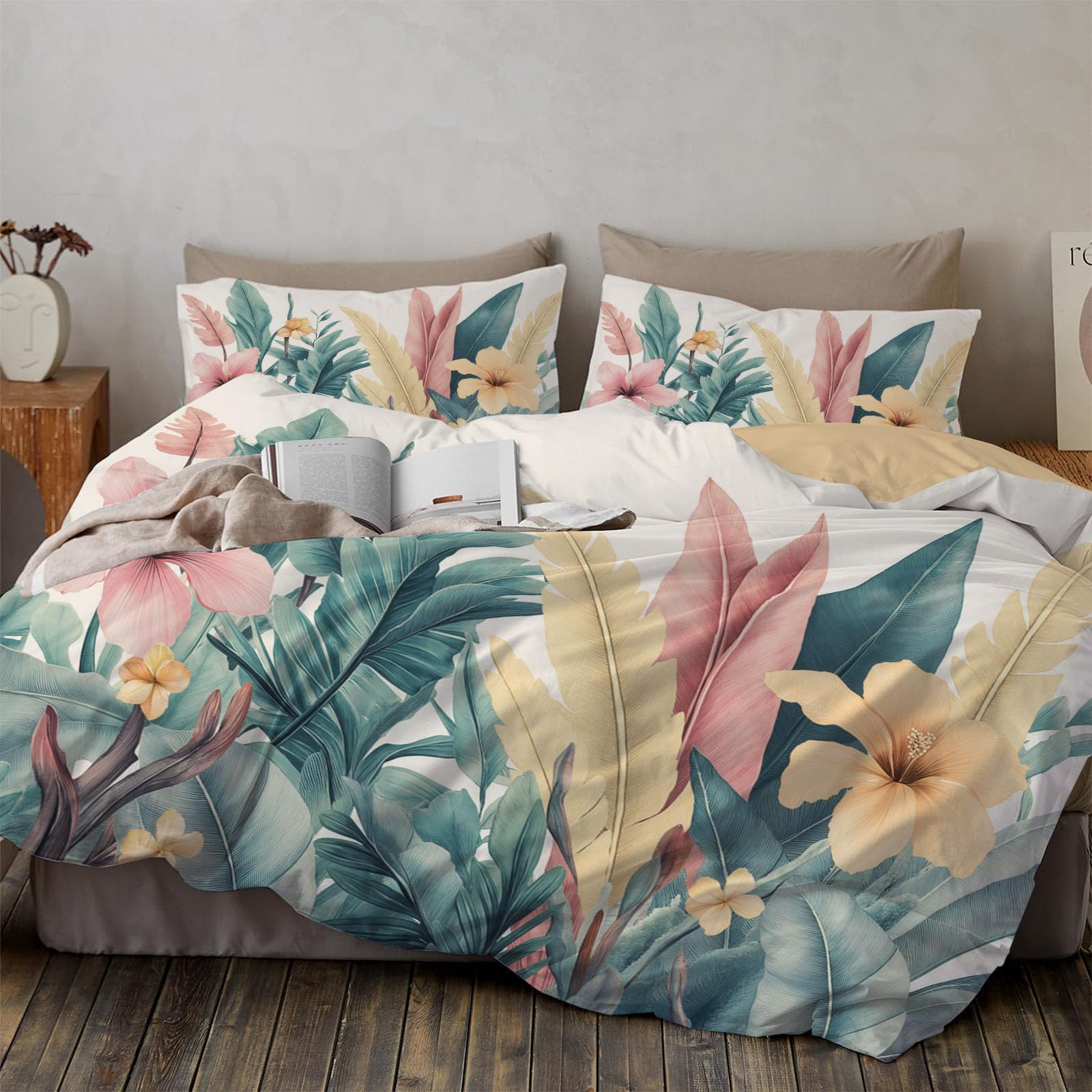 Piante tropicali Foglie di ibisco e banano - 100% Microfibra - Set Copripiumoni Matrimoniale 230x220cm con 1 federe 50 x 75 cm - Tessuto morbido e confortevole - Rosa Verde