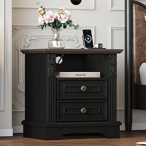 BLANKSPACE Nightstand with Charging Station, Farmhouse End Side Table, 20” Night Stand Bedside Cabinet for Bedroom, Living Room （Black ＆ Brown）