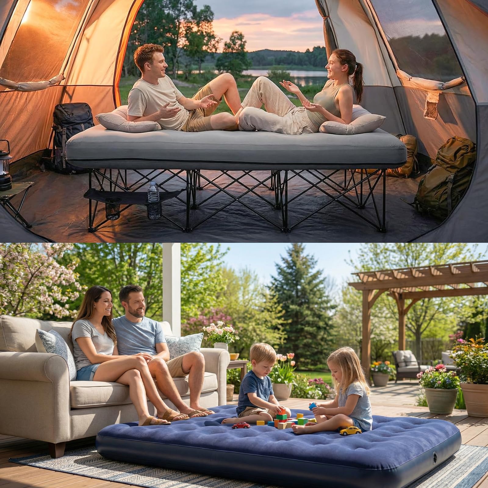 FUNDANGO Lit de camping double avec pompe électrique, matelas gonflable avec housse amovible et lavable, cadre pliable, porte-gobelet, sac de transport pour adultes, tente, invités (200 cm x 150 cm)