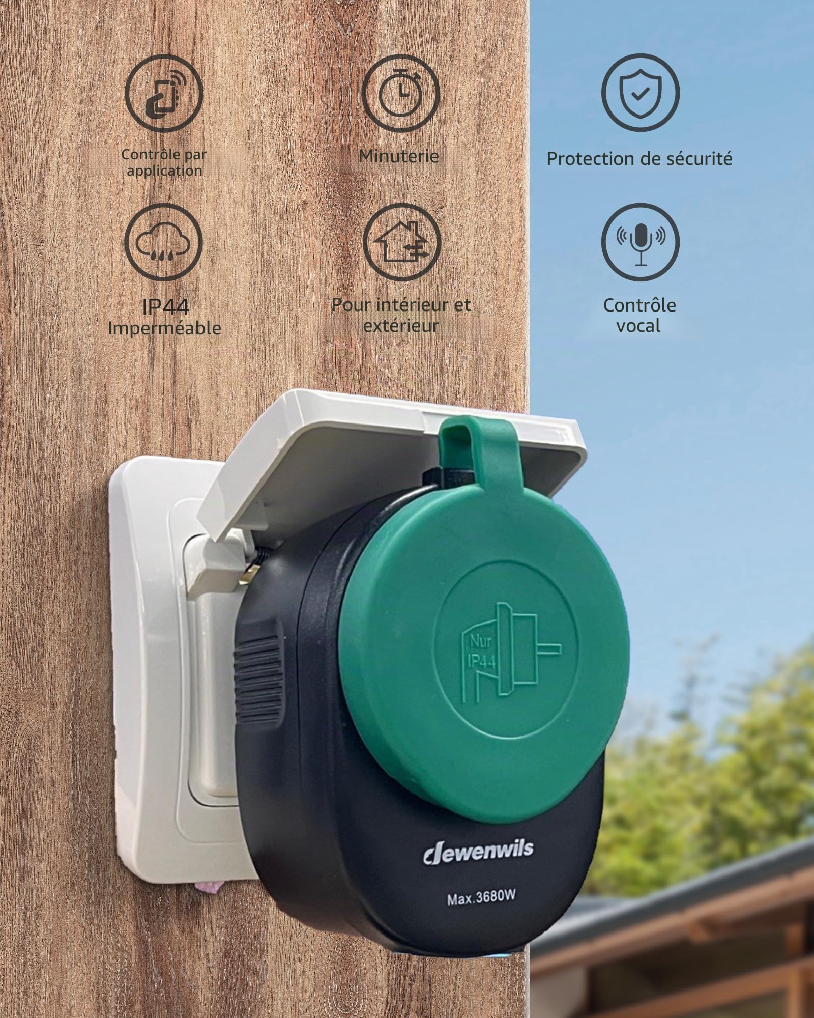 DEWENWILS Lot de 2 prises Wi-Fi d'extérieur 3680 W Alexa Smart - Étanche IP44 - Compatible avec Alexa, Google Home et IFTTT - Pas de hub nécessaire
