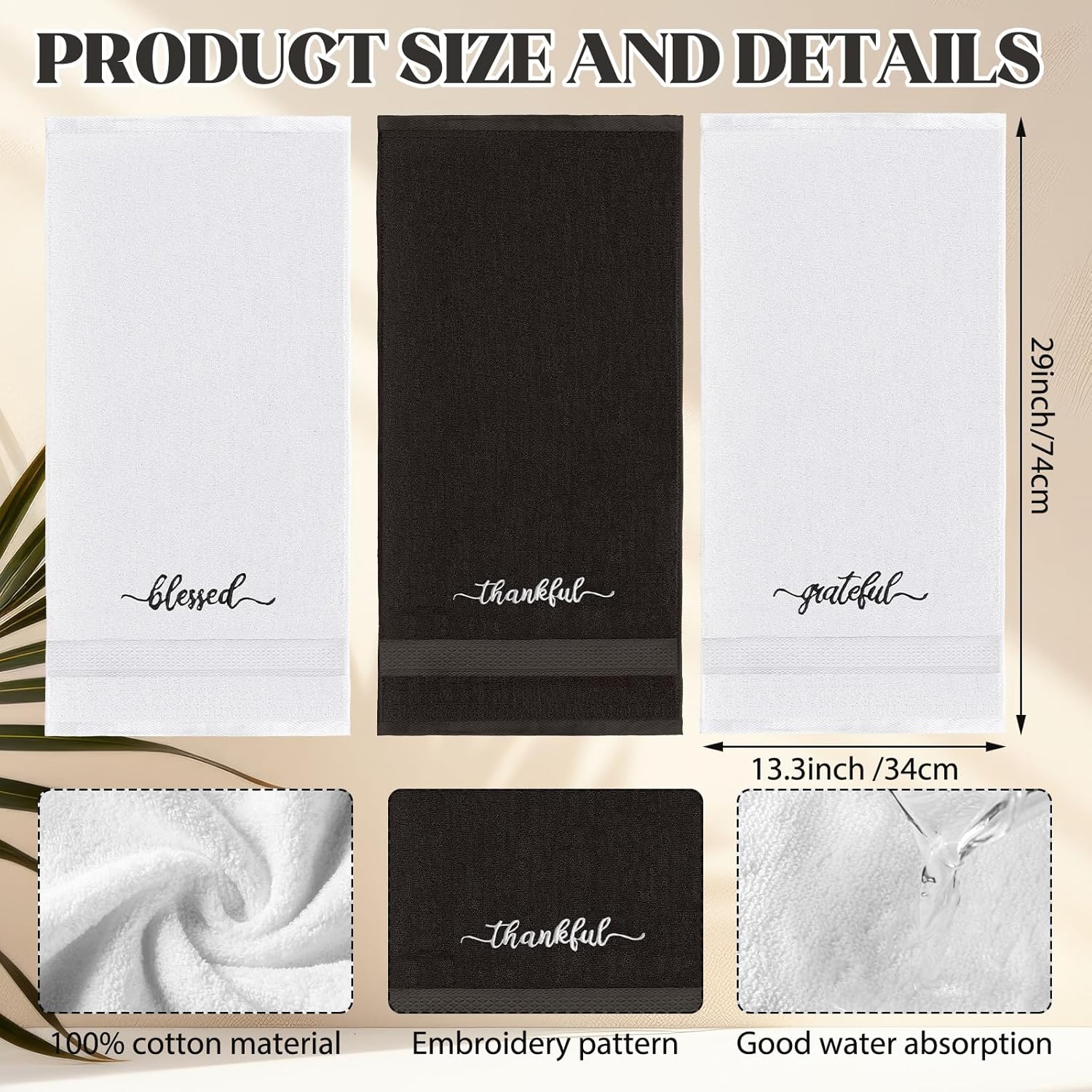Peryiter 3 Pcs Farmhouse Bathroom Decor Hand Towels 14x29 Inch Cotton Bath Towels Rustic Embroidered for Boho Kitchen Decor Inspirational Christian Gift(Black and White,Blessed Thankful Grateful) - Image 2