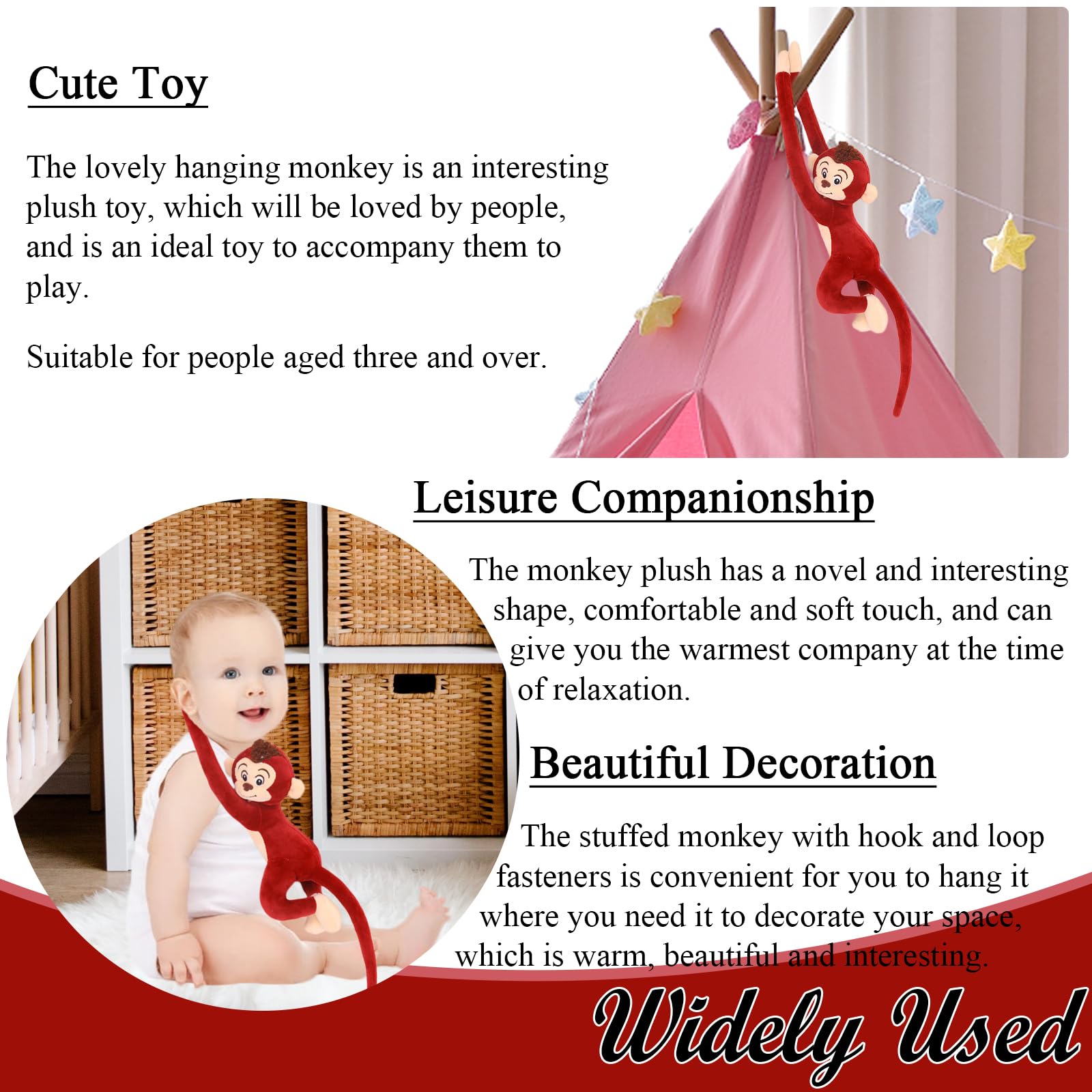 zhidiloveyou 27.6" Hanging Monkey Stuffed Animals Plush Cute Monkey Toy for Kids Adults, Red - Image 4