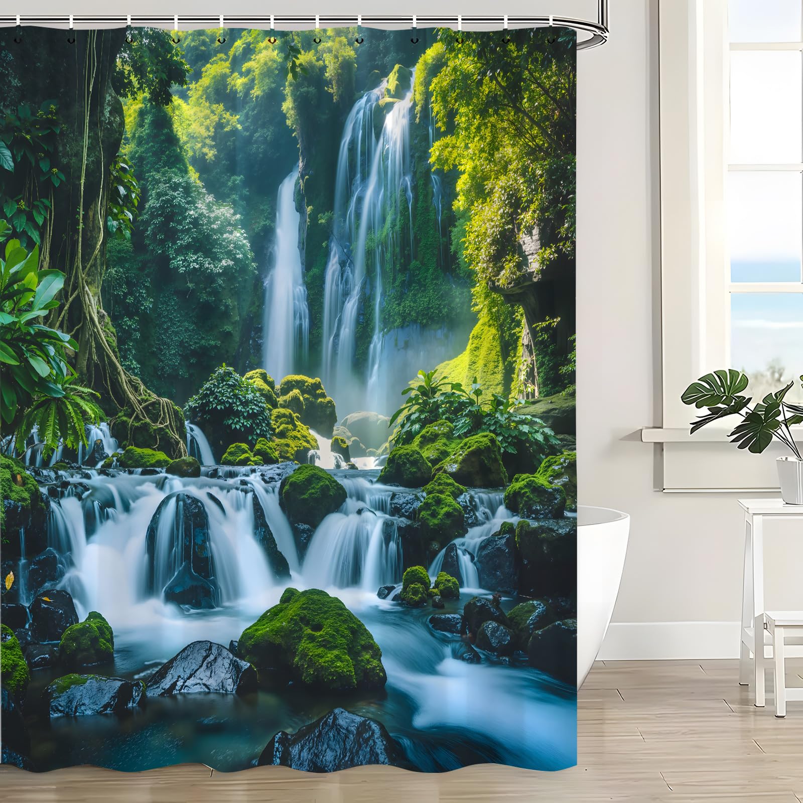 Nature Forest Shower Curtain Waterfall Flowing Stream Tropical Natural Landscape Green Trees Jungle Scenery Mossy Rocks Bath Decor Curtain with Hooks,