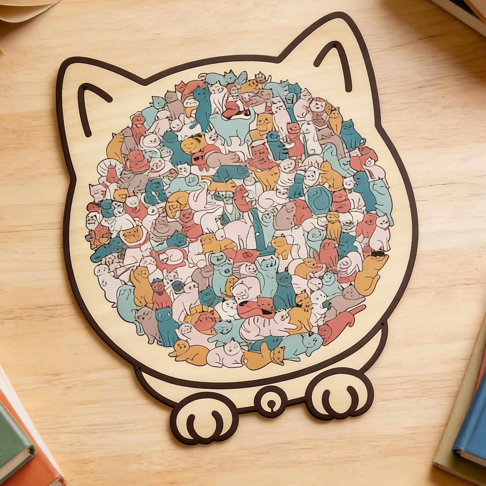 Puzzle a forma di gatto, puzzle irregolare con supporto, 135 pezzi, puzzle in legno colorato per adulti, regalo creativo per gli amanti dei gatti (C)