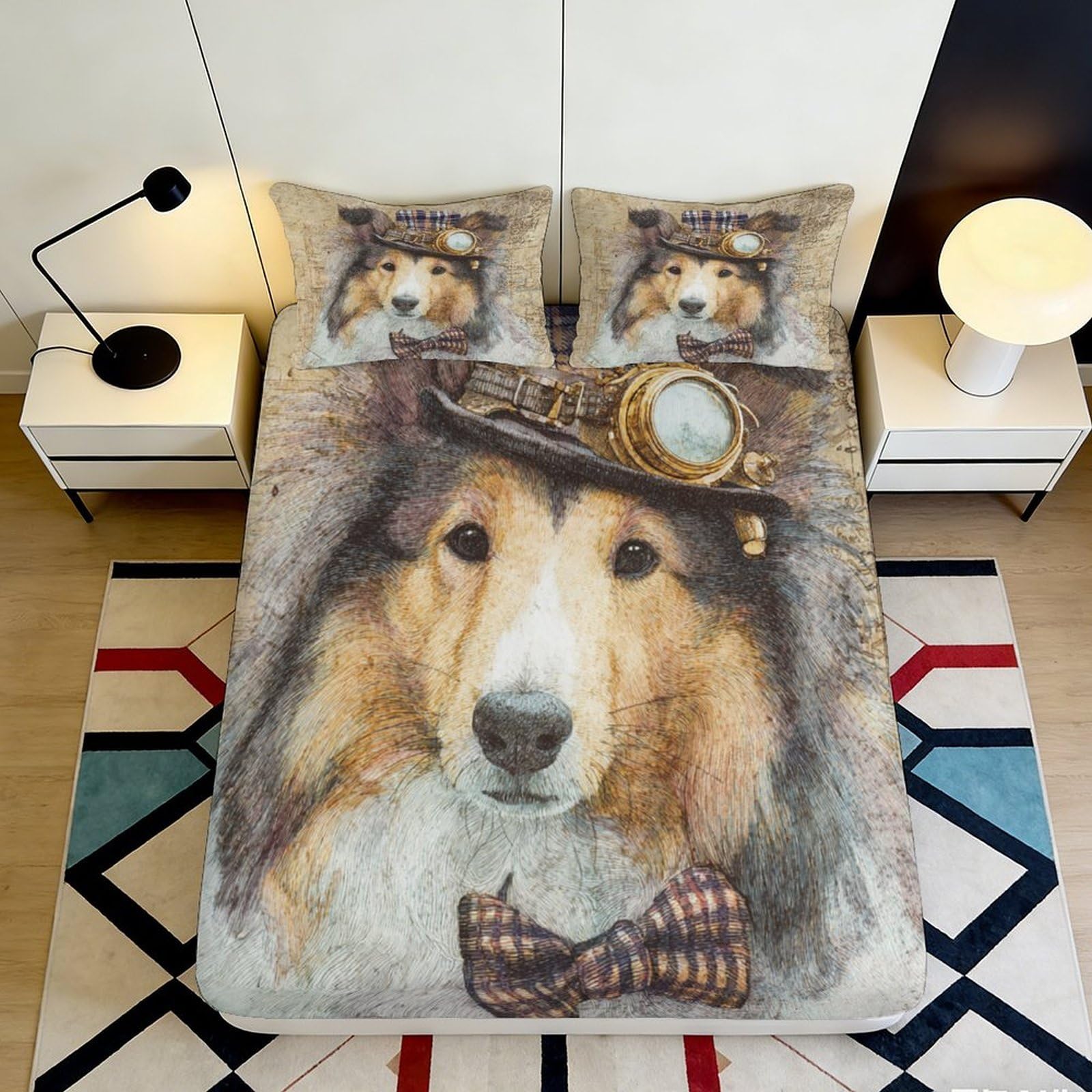 3D Printed Steampunk Dog Fitted Sheet Microfiber Art Print Bed Cover for Bedroom Guest Room Mattress Decor 90x200x25cm