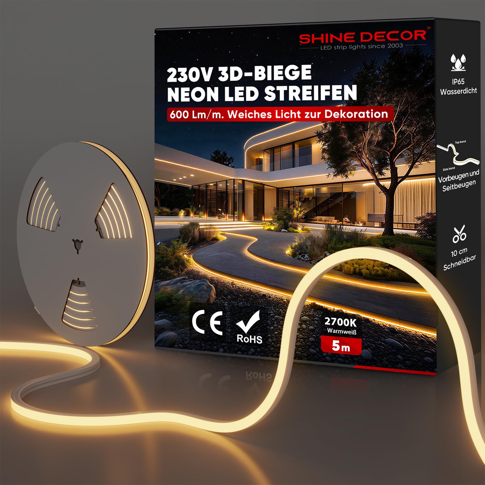 Shine Decor 3D Bend Neon LED Strip, AC 220V-240V Flexibler Neon LED Streifen, IP65 Wasserdichter Neon Lichtstreifen aus Silikonmaterial mit CE-Zertifizierung für Küche und Wohnzimmer (5M, Warmweiß)