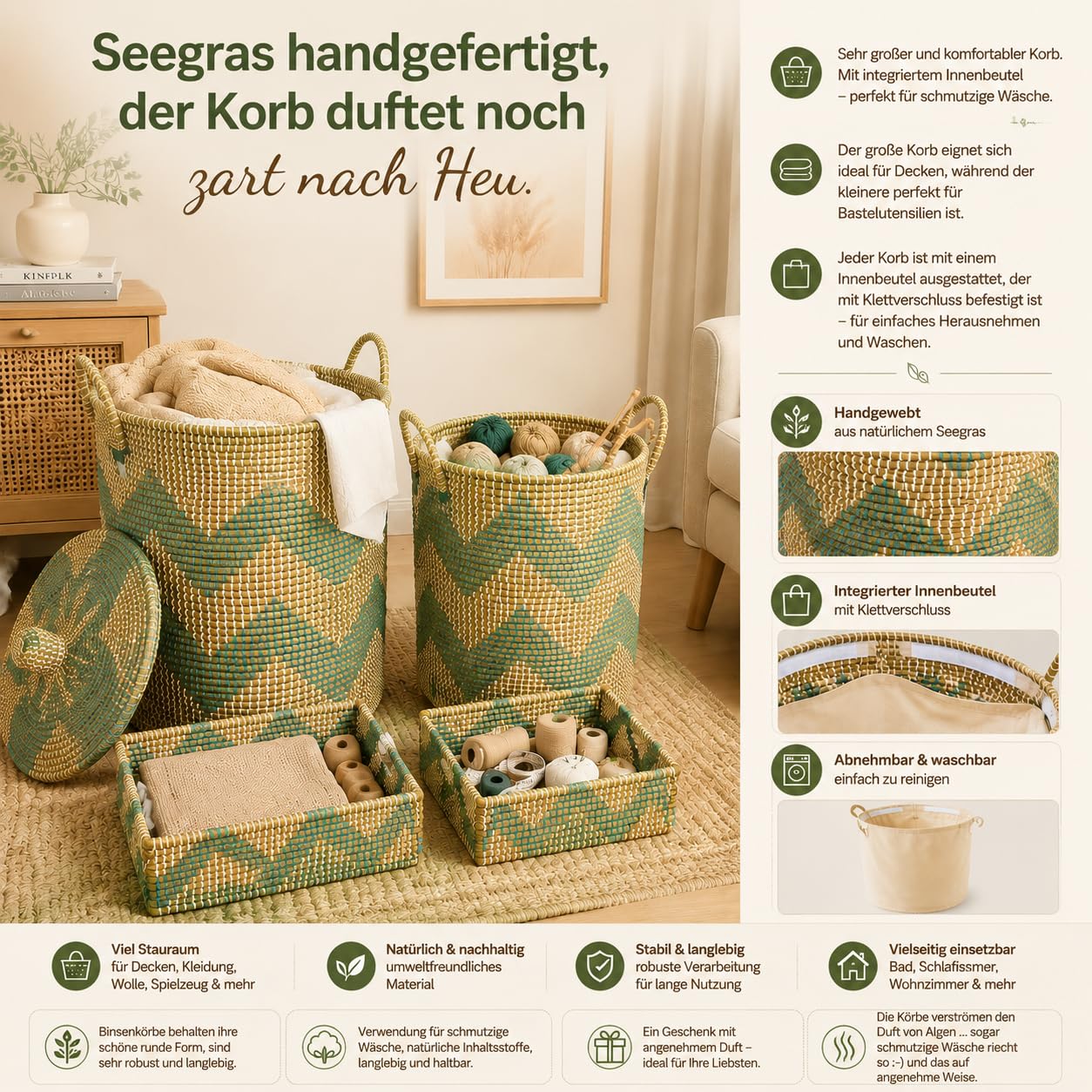 4 Stk Korb und Boxen Set für Aufbewahrung, Handgefertigt Gross 53L+35L,Wäschekorb Geflochten mit Deckel,Innere Beutel und Henkeln aus Seegras,für Wäsche oder Decken in Bad,Spielzeug im Kinderzimmer