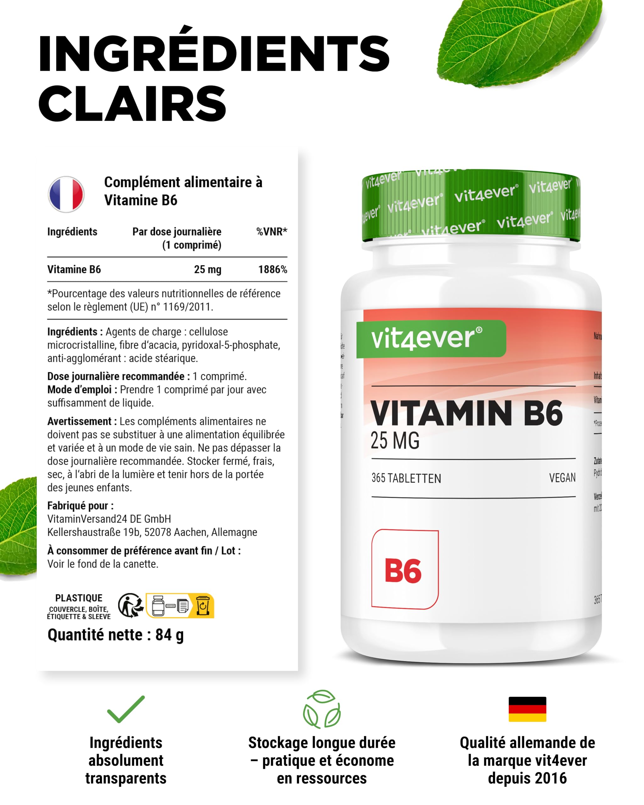 vit4ever Vitamine B6 sous Forme de P-5-P - 365 Comprimés - Hautement Dosée à 25 mg (Pyridoxal-5-Phosphate) - Premium : Vitamine B6 Bioactive - Sans Additifs Indésirables - Vegan