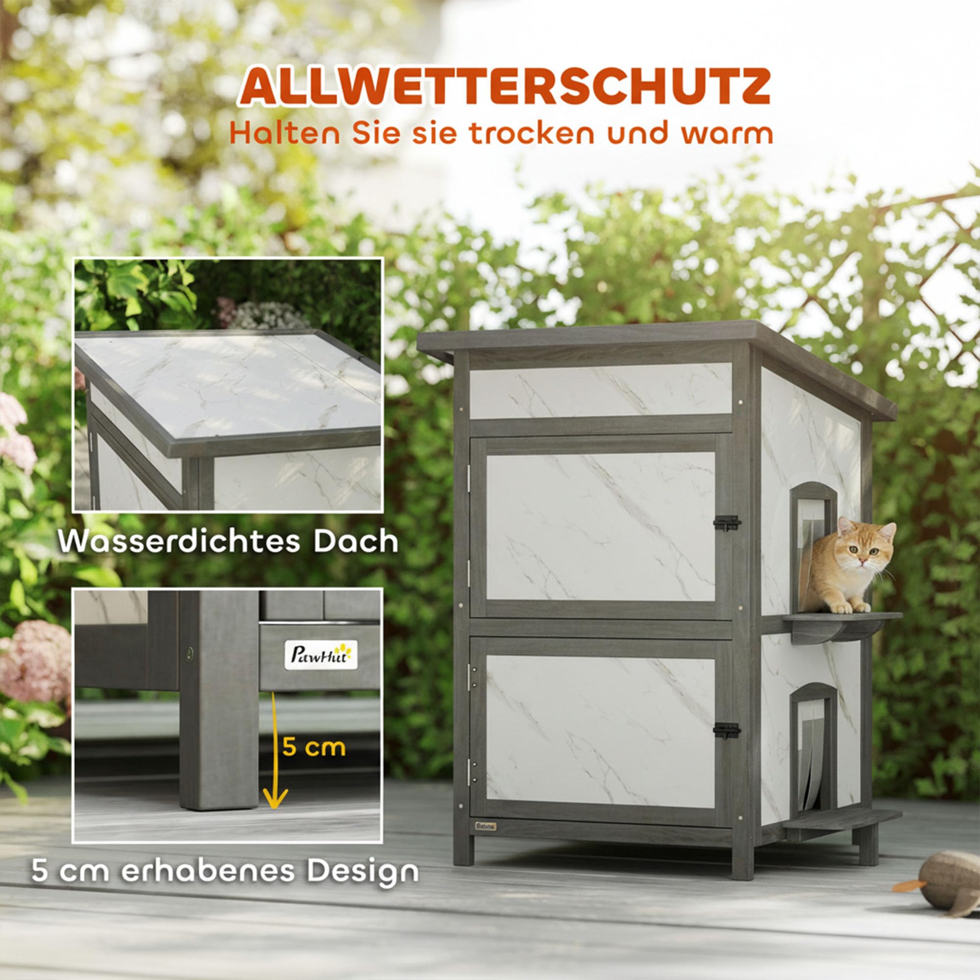 PawHut Katzenhaus aus Holz 2-stöckig Outdoor mit Fenster 60x60x88 cm Weiß | Mehreren Türen, Isolierte Katzenhütte, Wasserabweisendes Dach, Katzenhöhle Katzenbox für Draußen