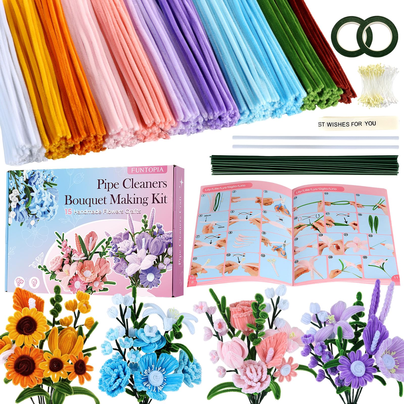 Pipe Cleaner Flower Kit, 540Pcs Pipe Cleaners Craft with 15 Designs Guide