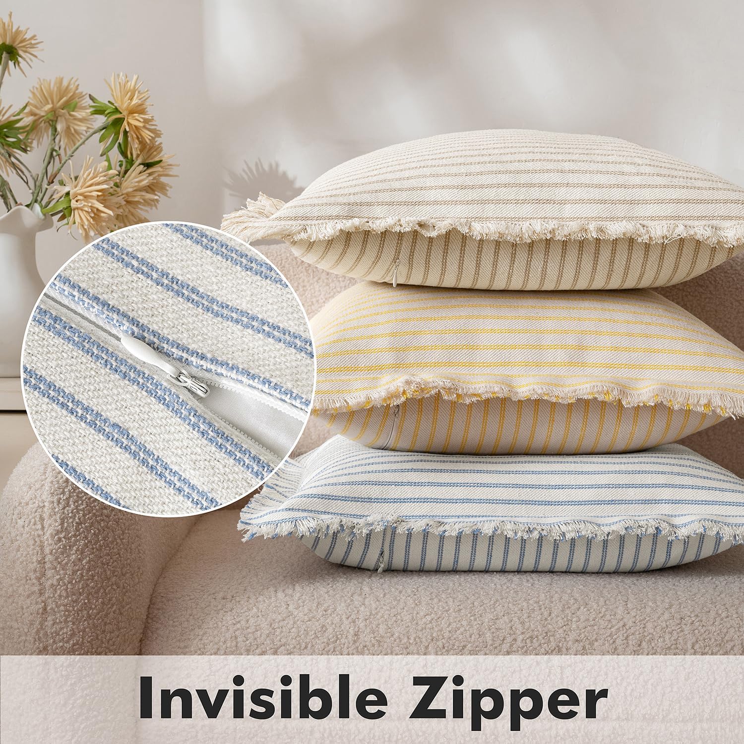 MIULEE Pack of 2 Light Blue Pillow Covers 18x18 Inch Striped Farmhouse Couch Spring Spring Throw Pillow Covers with Fringe Chic Cotton Decorative Cushion Covers for Sofa Living Room Bed Home Decor - Image 3