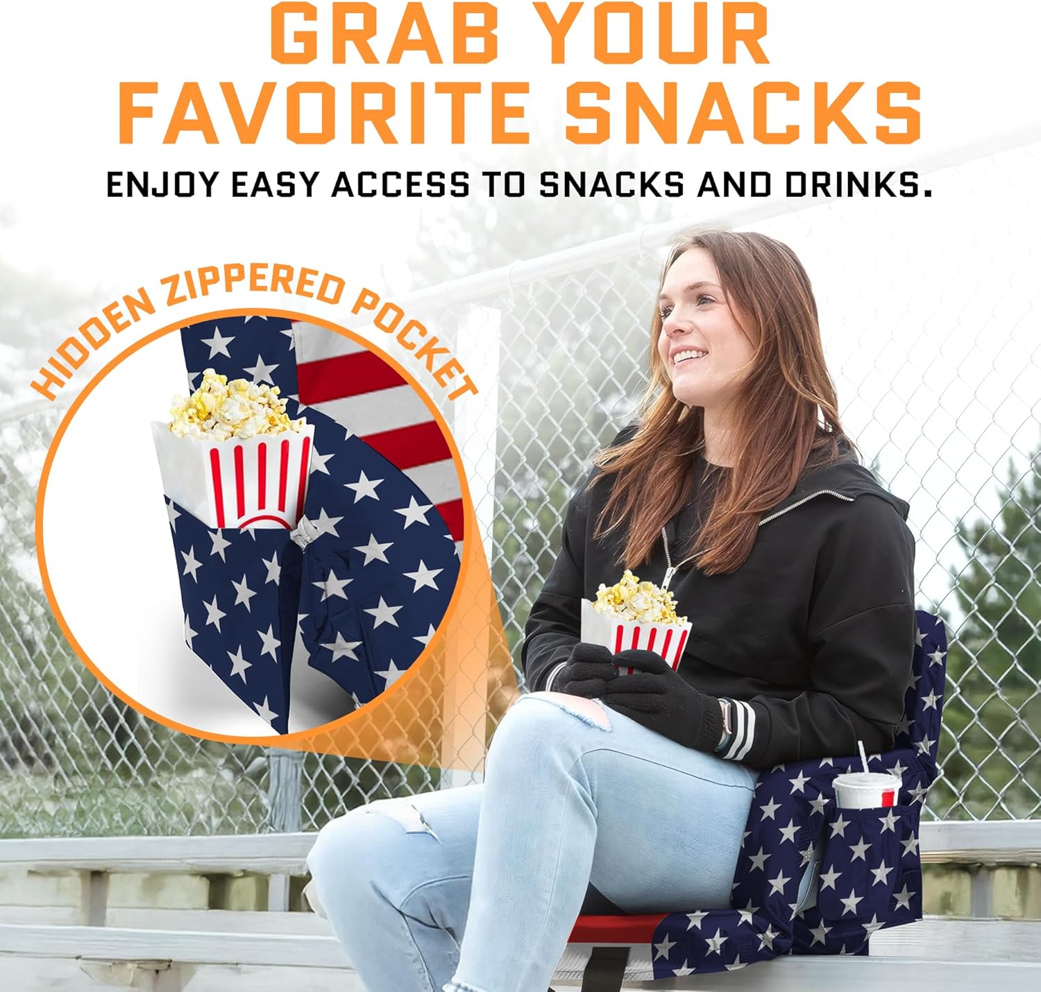 ACELETIQS Heated Stadium Seats for Bleachers with Back Support – USB Battery Included - Upgraded 3 Levels of Heat - Foldable Chair - 4 Pockets, Cup Holder - for Camping, Games & Sports (USA Flag)