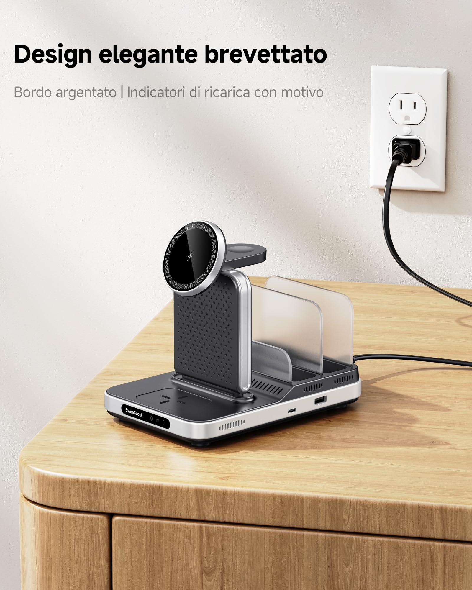 SwanScout Caricatore Wireless per iPhone, Stazione di Ricarica 5 in 1 per iPhone 17/Air/16/15/14/13/12, Base Ricarica per Apple Watch Ultra 3/11/10/9/8/7, per AirPods/iPad/Tablet, SwanScout 901M