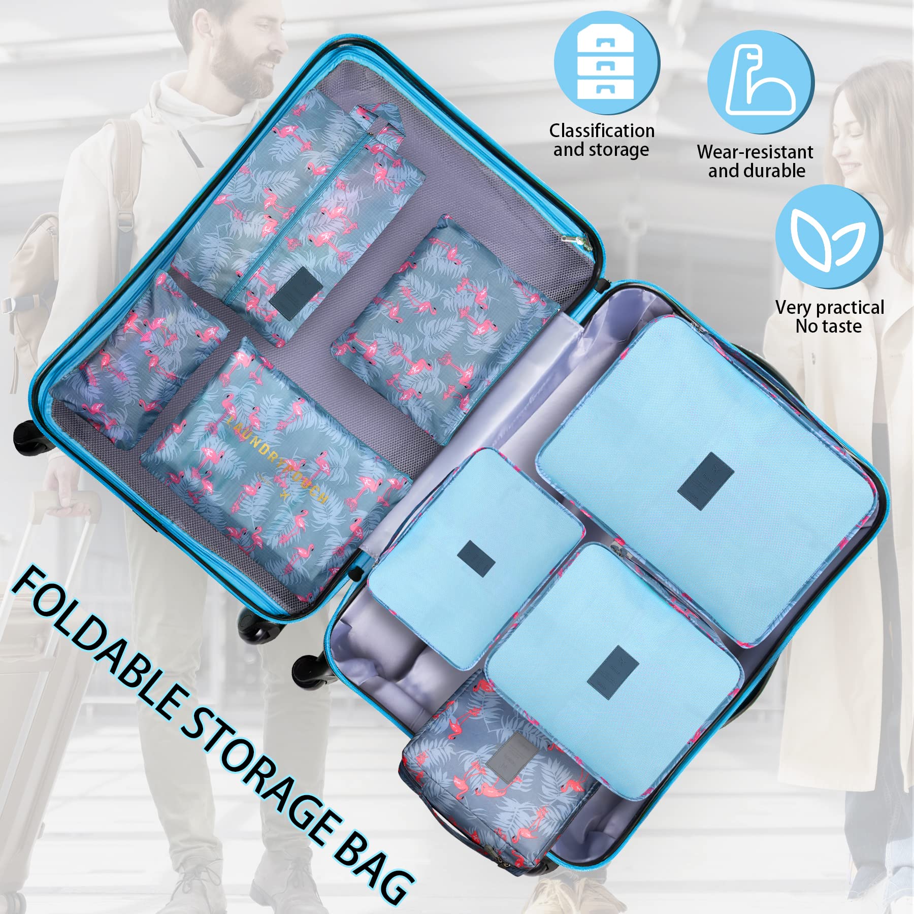 Coolzon Organizer Valigie Viaggio Set 8 Pezzi set, Cubi di Imballaggio Organizer Valigia Perfect Storage Travel Luggage Organizer per i vestiti,Cosmetici,Scarpe,Intimo,Fenicottero Blu