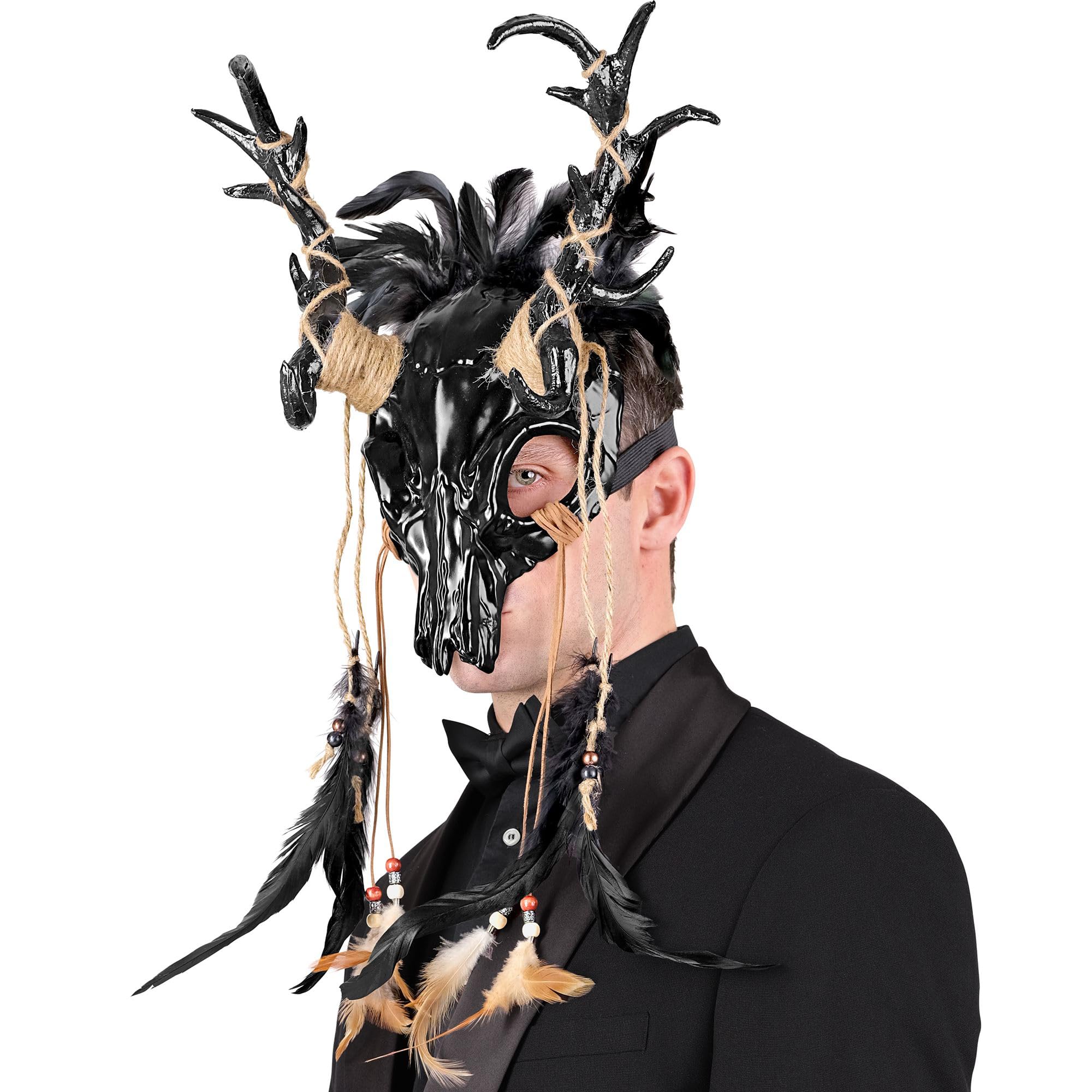 W WIDMANN MILANO Party Fashion - Masque de chaman crâne de taureau avec bois de cerf et plumes, carnaval, accessoire Halloween