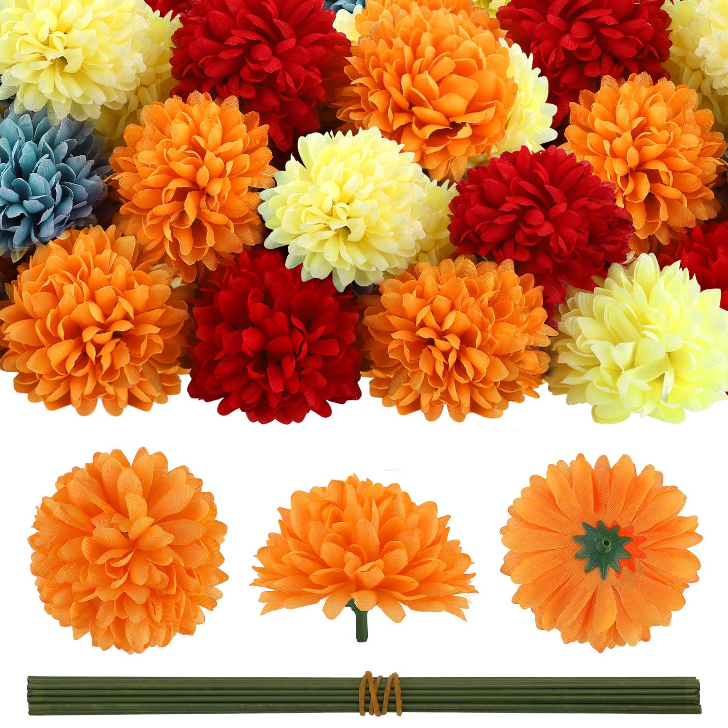 40Pcs 2.75'' Marigold Flowers Heads Bulk, Silk Marigold Artificial Flowers for Diwali Home Decor DIY Wreath Garland Craft Baby Shower Wedding Mexican Party Decoration Halloween Decor(Colorful-B)