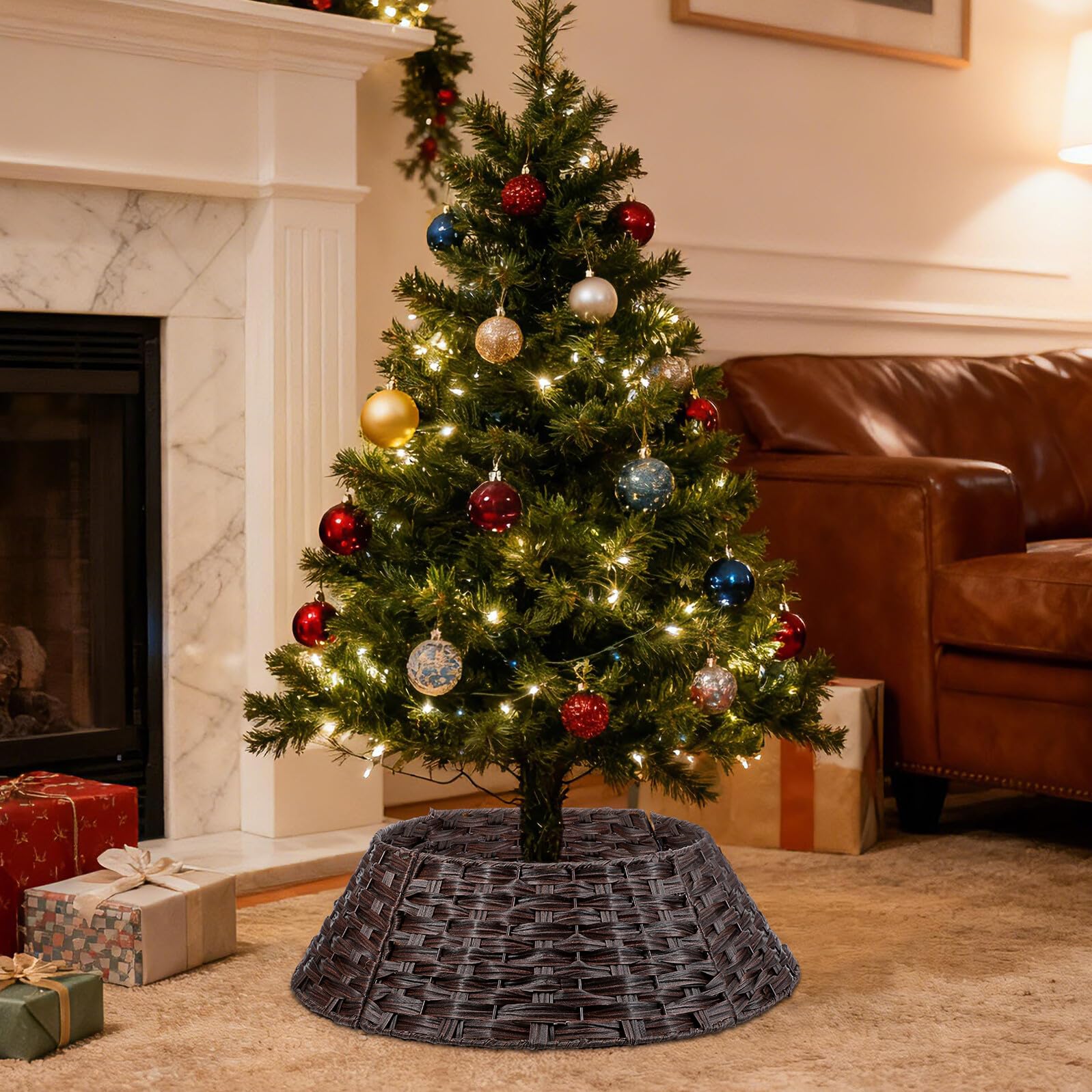 POPETPOP Falda para Árbol de Navidad Pequeña en Color Café Cubierta de Base para Árbol Artificial Diseño Rústico de Ratán Decoración Navideña Reutilizable para Hogar y Fiestas