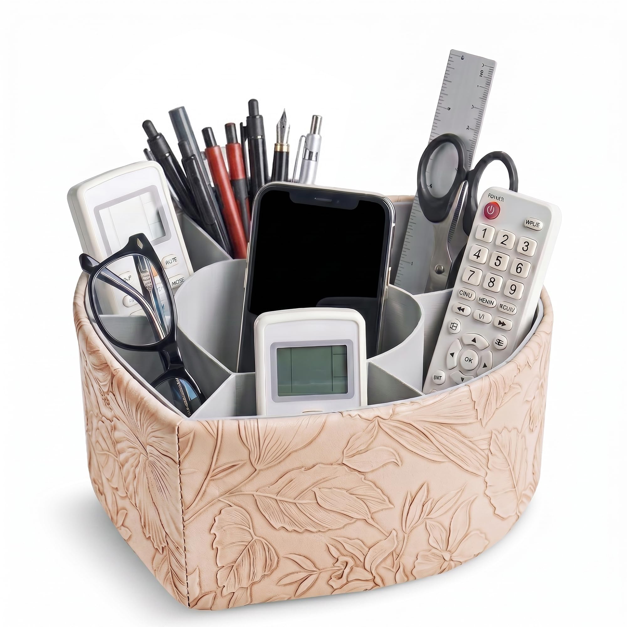 Czzmy Heart Shaped Leather Art Supply Organizer,Remote Control Holder,360 Degree Spinning,Multi-Functional Pencil Holder,7 Compartments Desktop Stationary Organizer(1-Heart Pink) — image 1