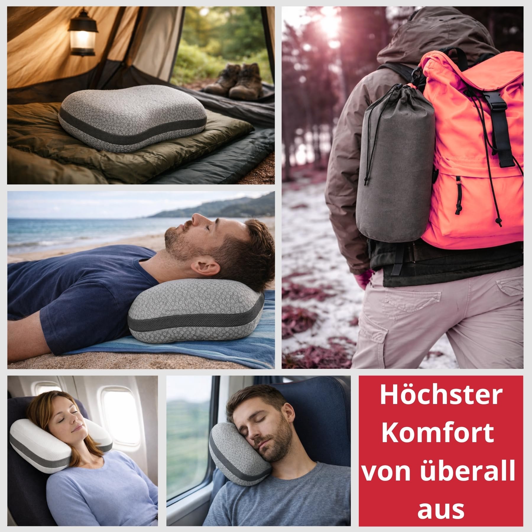 liebling Reisekissen, Campingkissen mit Tasche, Nackenkissen, Kissen für Reisen, Flugzeug, Camping, Auto, Pillow mit Travel Bag, Memory Foam Kopfkissen, Made in EU, Waschbar, Grau