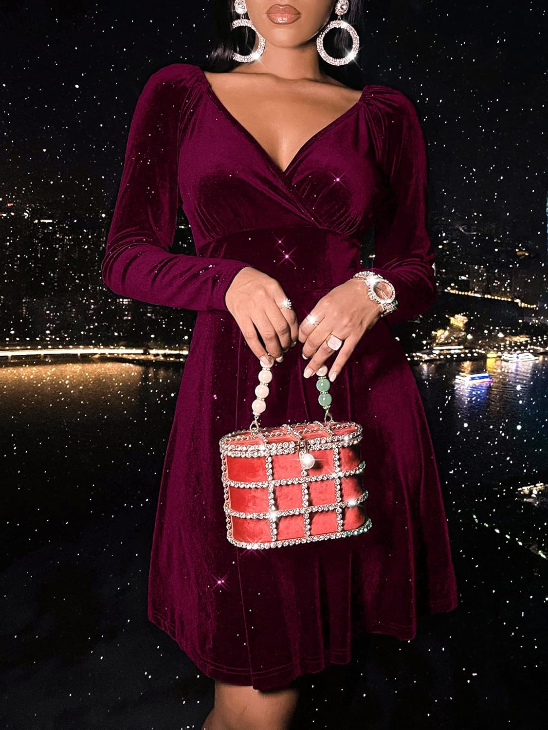 Sexyasasii Womens Wrap V Neck Long Sleeve Velvet Glitter A Line Cocktail Party Swing Fit and Flare Skater Mini Dress - Image 5