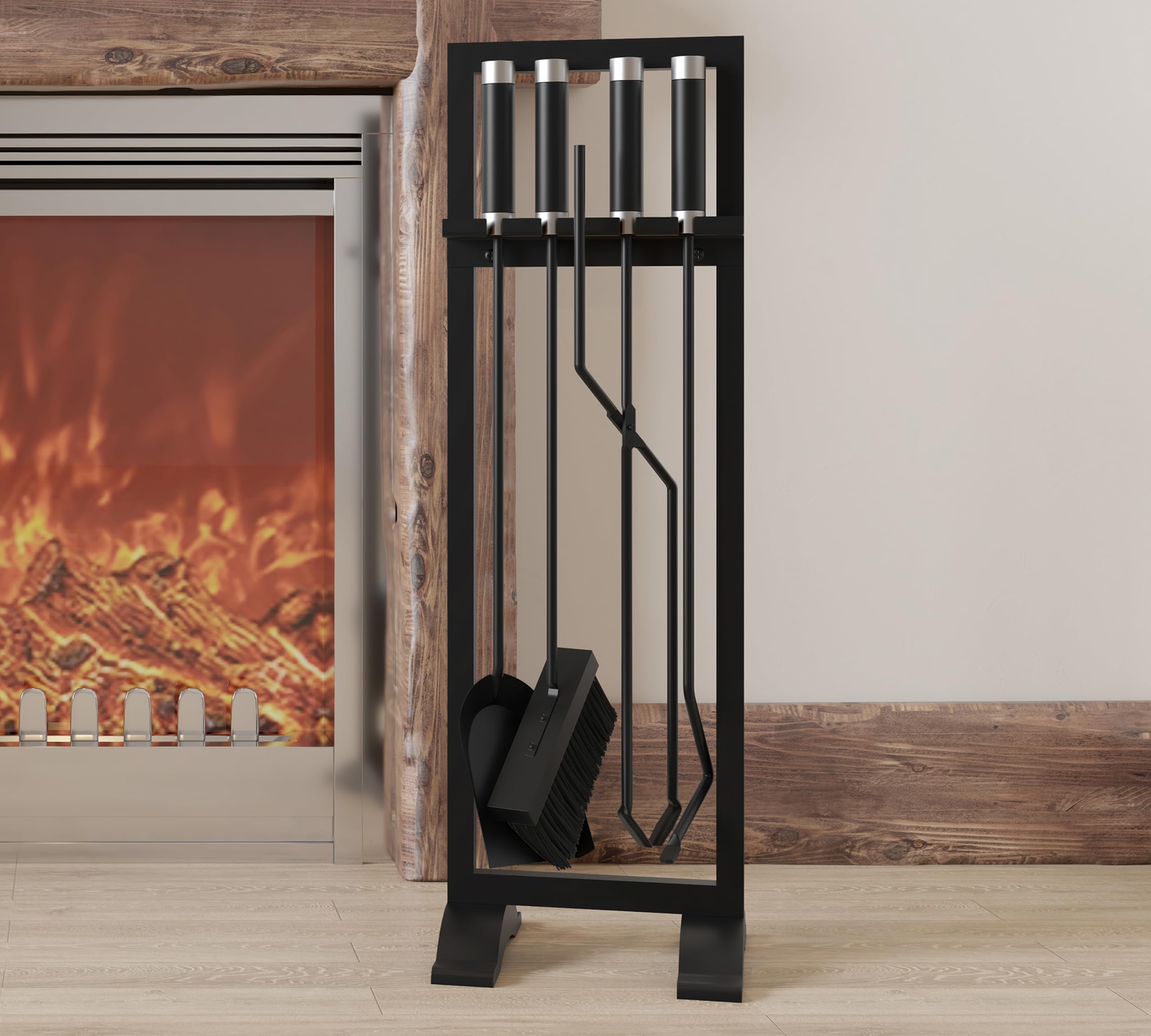 Kingson – Set di accessori per caminetto, 4 pezzi, include attizzatoio, pala, spazzola e pinze – 61 cm, attrezzi per focolare con manici in acciaio inossidabile e ferro – Supporto nero moderno