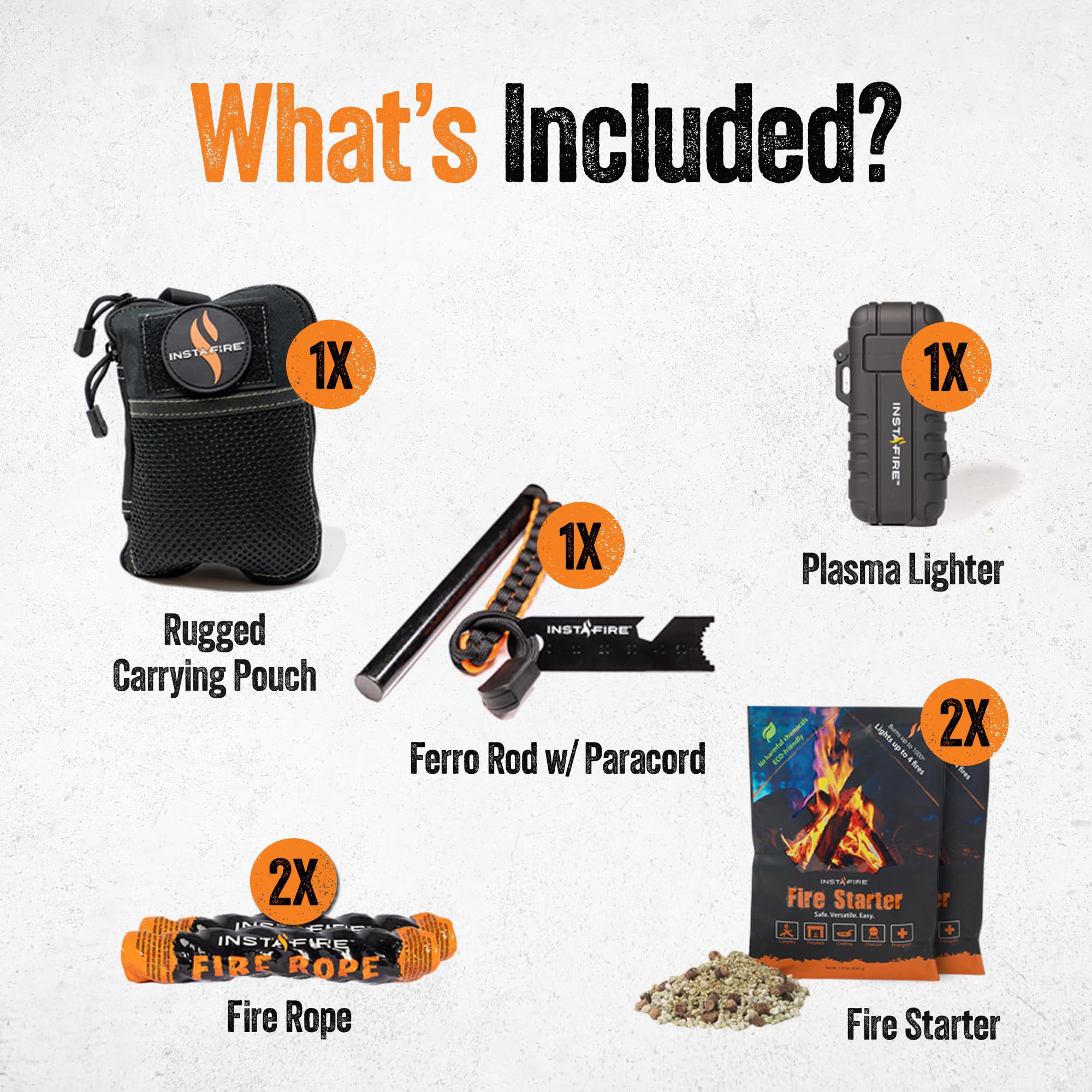 InstaFire Taktisches Feuer-Starter-Kit (enthält wiederaufladbares Feuerzeug, Ferrostange, Feuerstarterbeutel und Feuerseile), Feuerstarter-Set, Feuerstarter für Lagerfeuer, Survival-Werkzeug