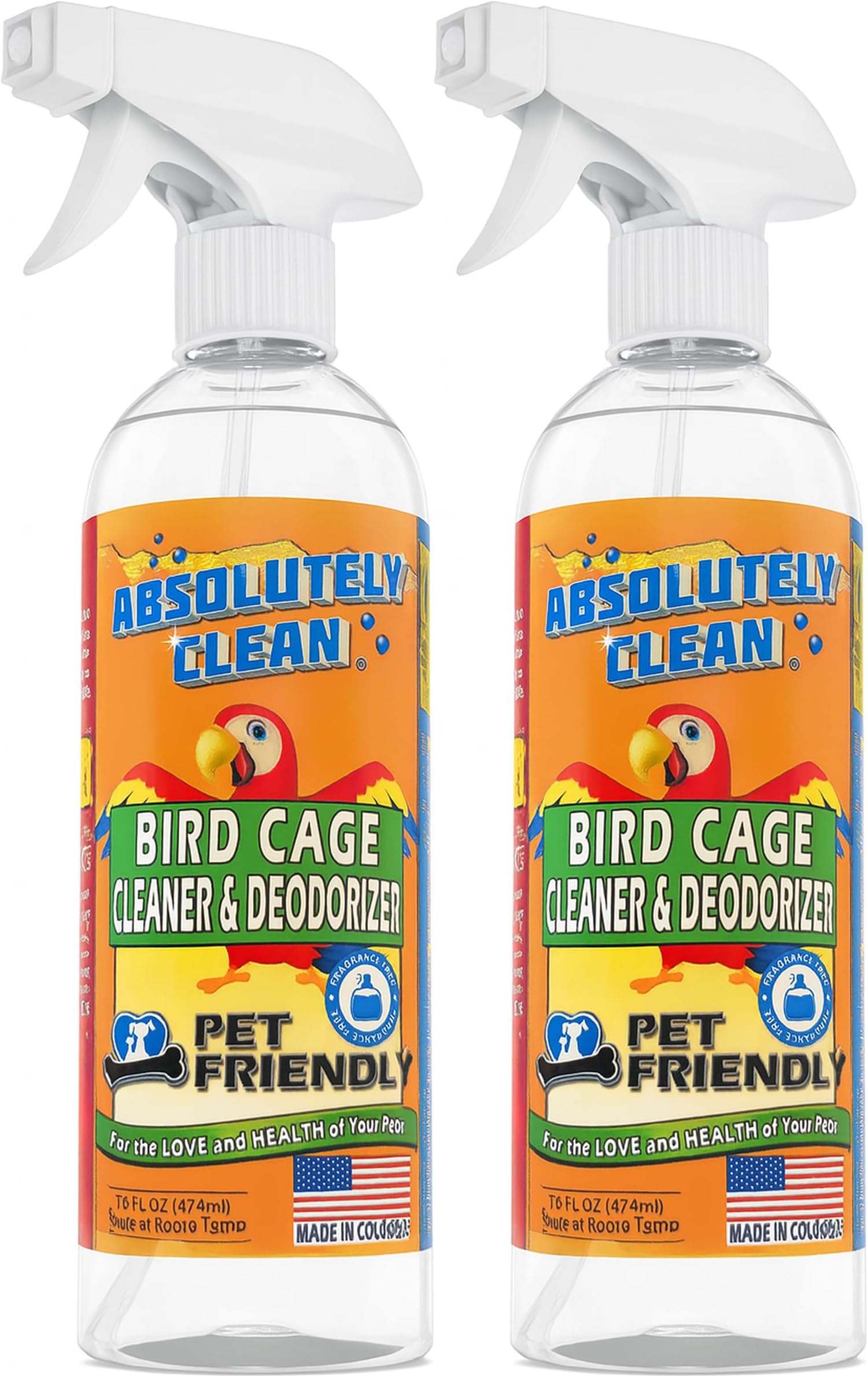 Absolutely Clean Amazing Bird Cage Cleaner and Deodorizer - Just Spray/Wipe - Safely & Easily Removes Bird Messes Quickly and Easily - Made in The US - Fragrance Free - 16oz (Pack of 2)
