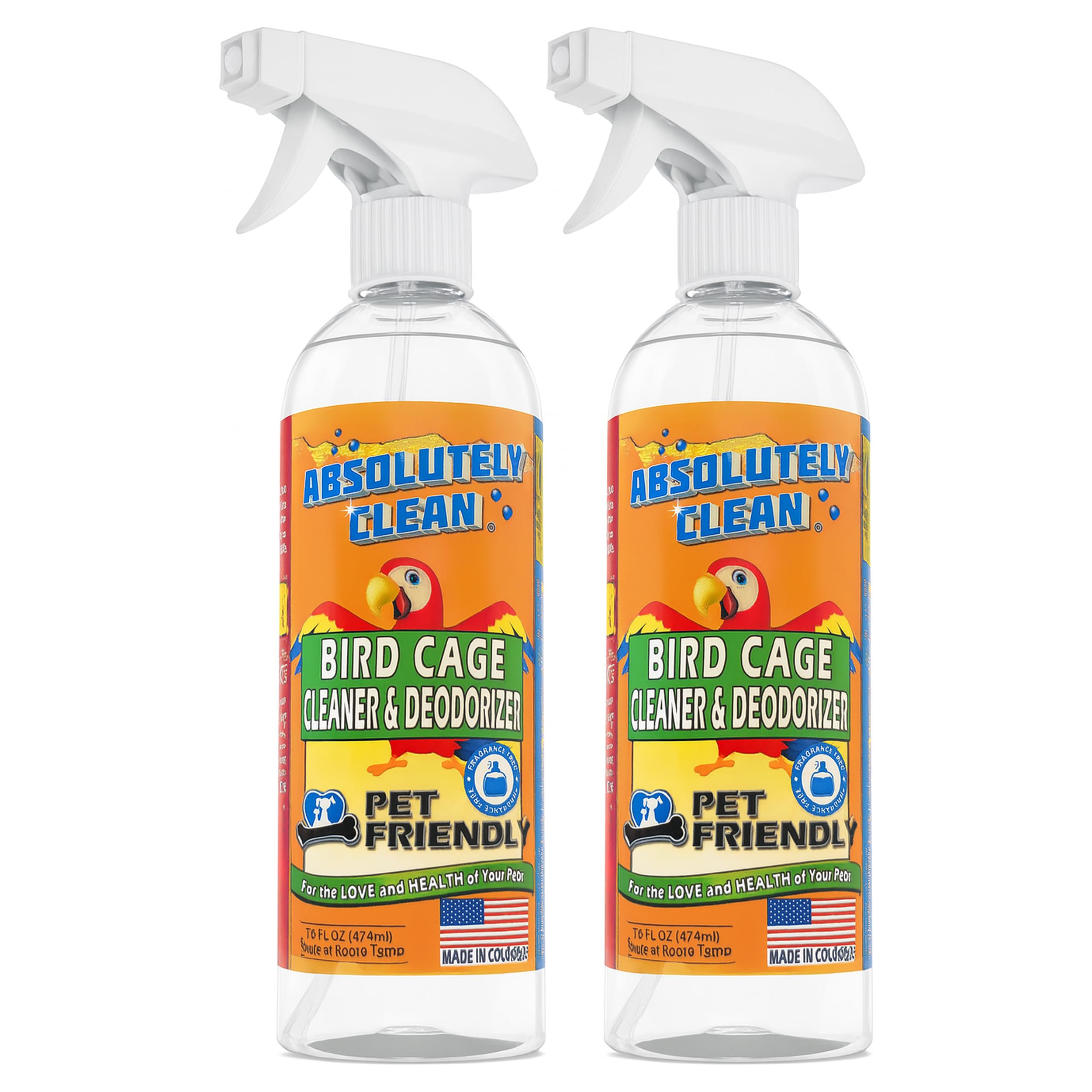 Absolutely Clean Amazing Bird Cage Cleaner and Deodorizer - Just Spray/Wipe - Safely & Easily Removes Bird Messes Quickly and Easily - Made in The US (16 Fl Oz (Pack of 2))