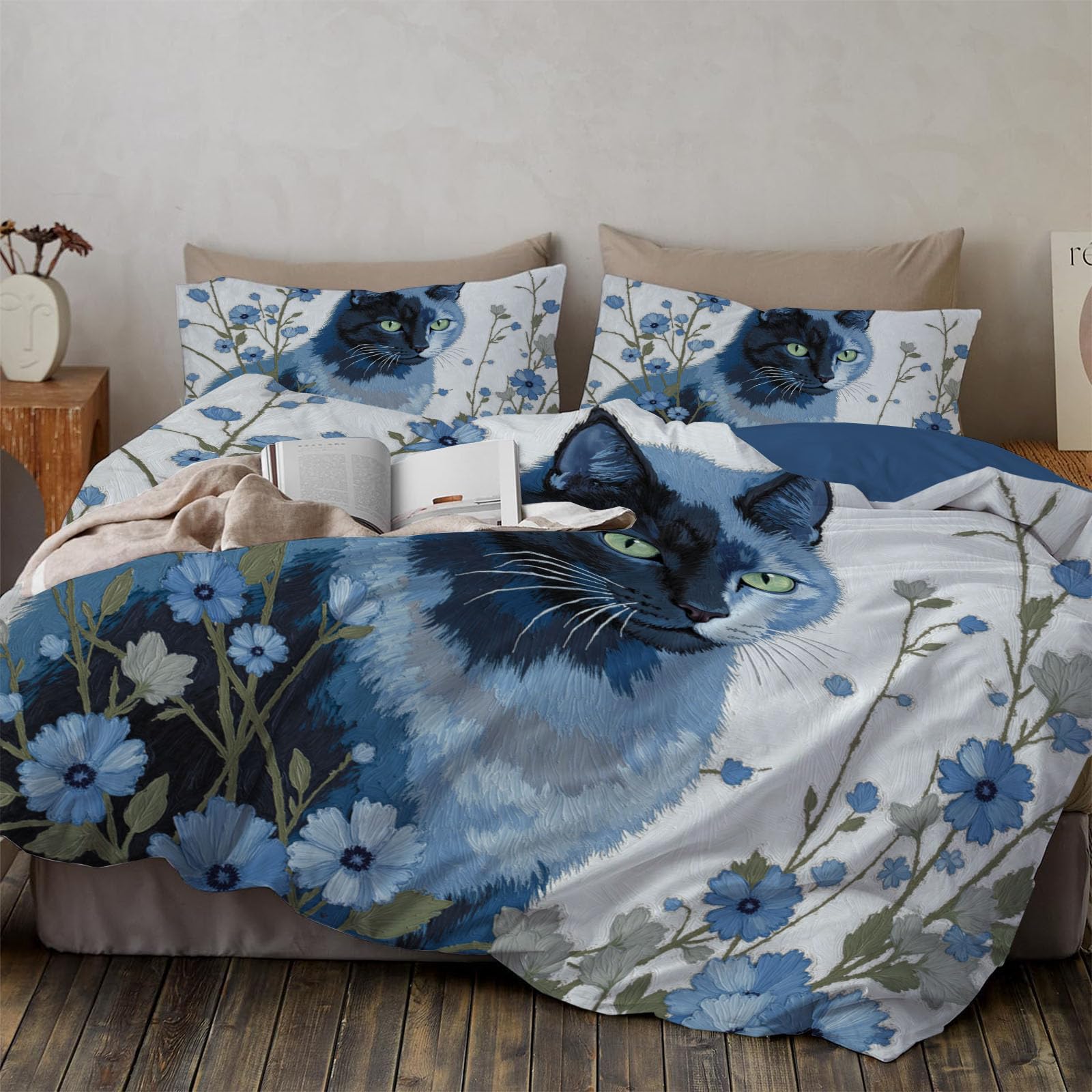 Housse de couette 200x200 bleu clair avec 2 taies chat