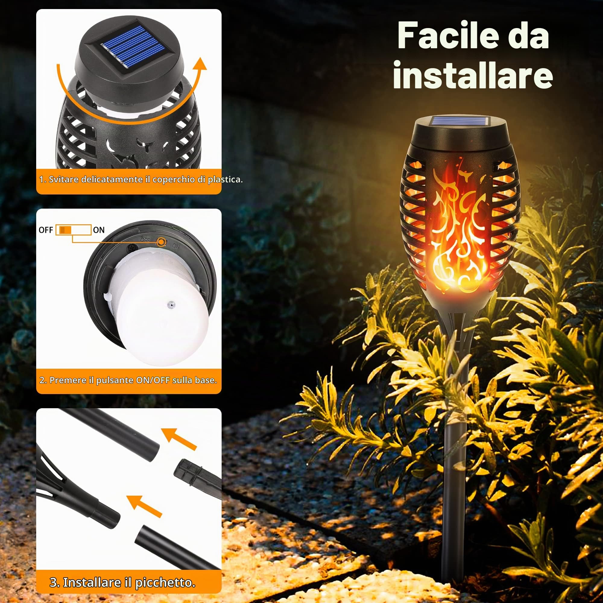 Qedertek Lampade Solari da Giardino - 6 Pezzi 12 LED Solare Torcia Luce con Effetto Fiamma, Luci Solare Esterno impermeabile IP65 Decorazione per Giardino, Cortile, Vialetto, Prato, Patio, Corridoio