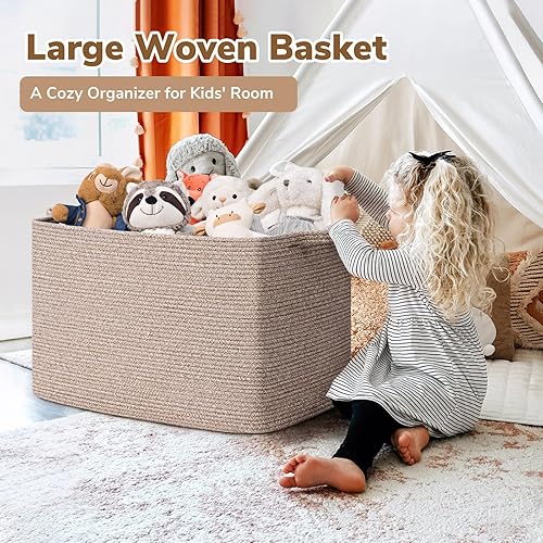 Vista 17 de Goodpick Cesta grande de almacenamiento de juguetes, cestas de cuerda de algodón gris para bebés, niños, cesta de almacenamiento tejida con asa