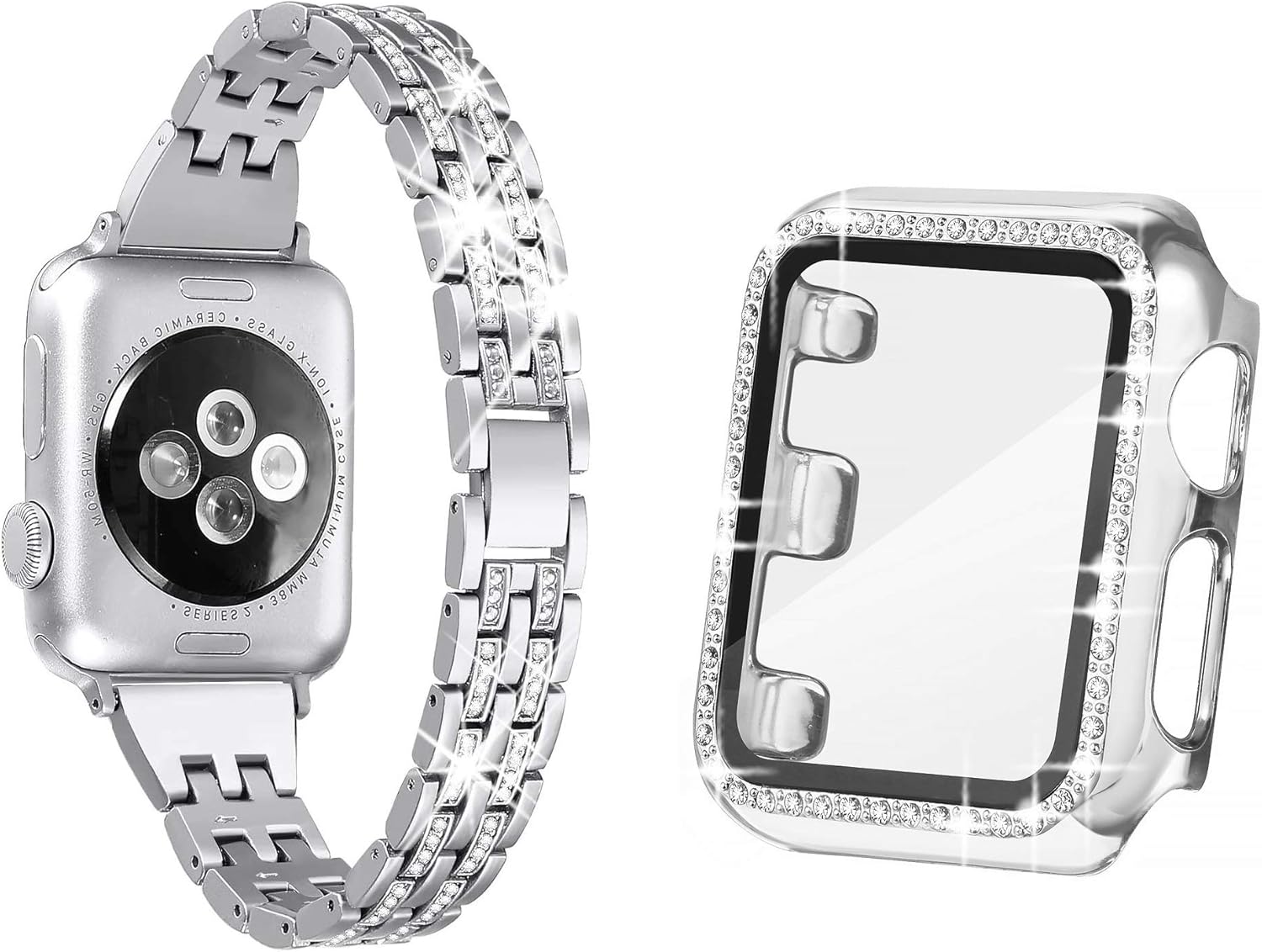 Secbolt 40mm Silver Bling Case with Screen Protector and Silver Slim Bling Band for Apple Watch 40mm iWatch SE Series 6/5/4