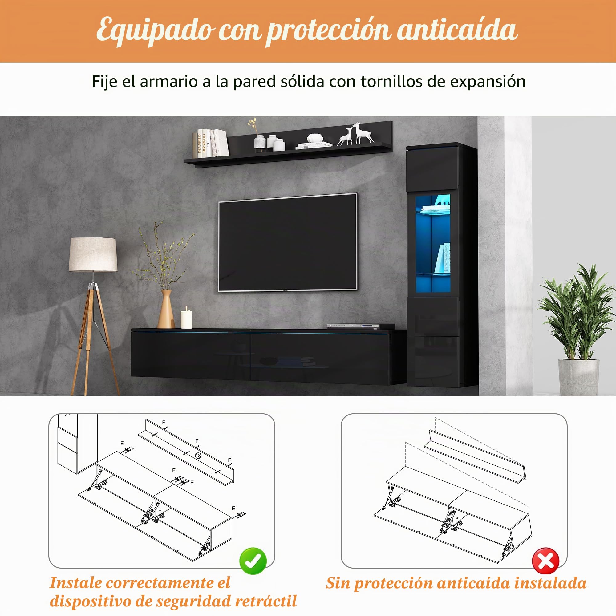 TIZZ Juego de pared para TV (3 piezas, iluminación LED, 1 armario de TV de hasta 80 pulgadas, 1 vitrina para salón, 1 estante colgante), color negro brillante
