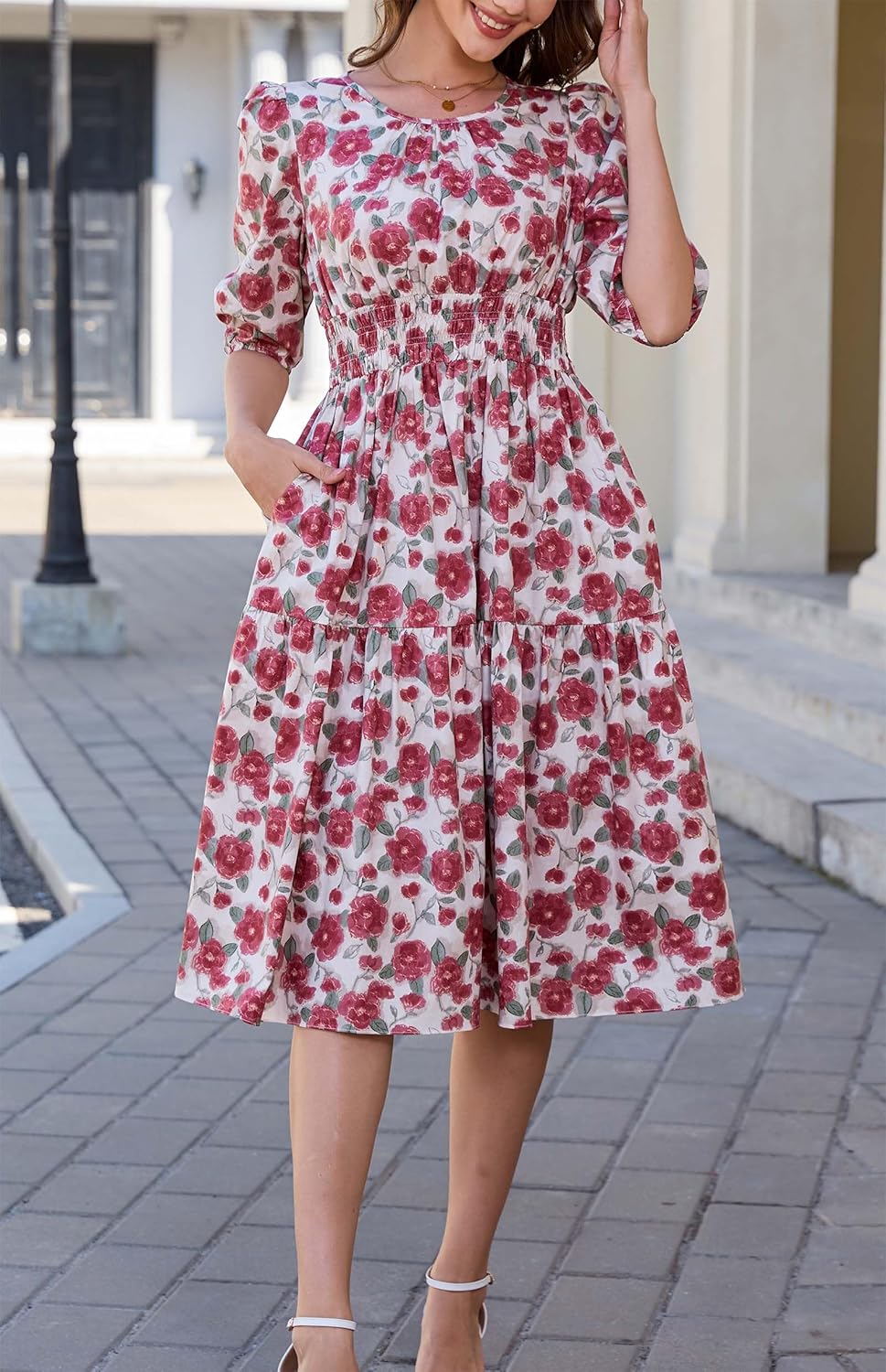 Kormei Women Casual Boho Floral Round Neck 3/4 Sleeve Smocked Waist Tiered A Line Flowy Swing Midi Dress Long Dresses - Image 4