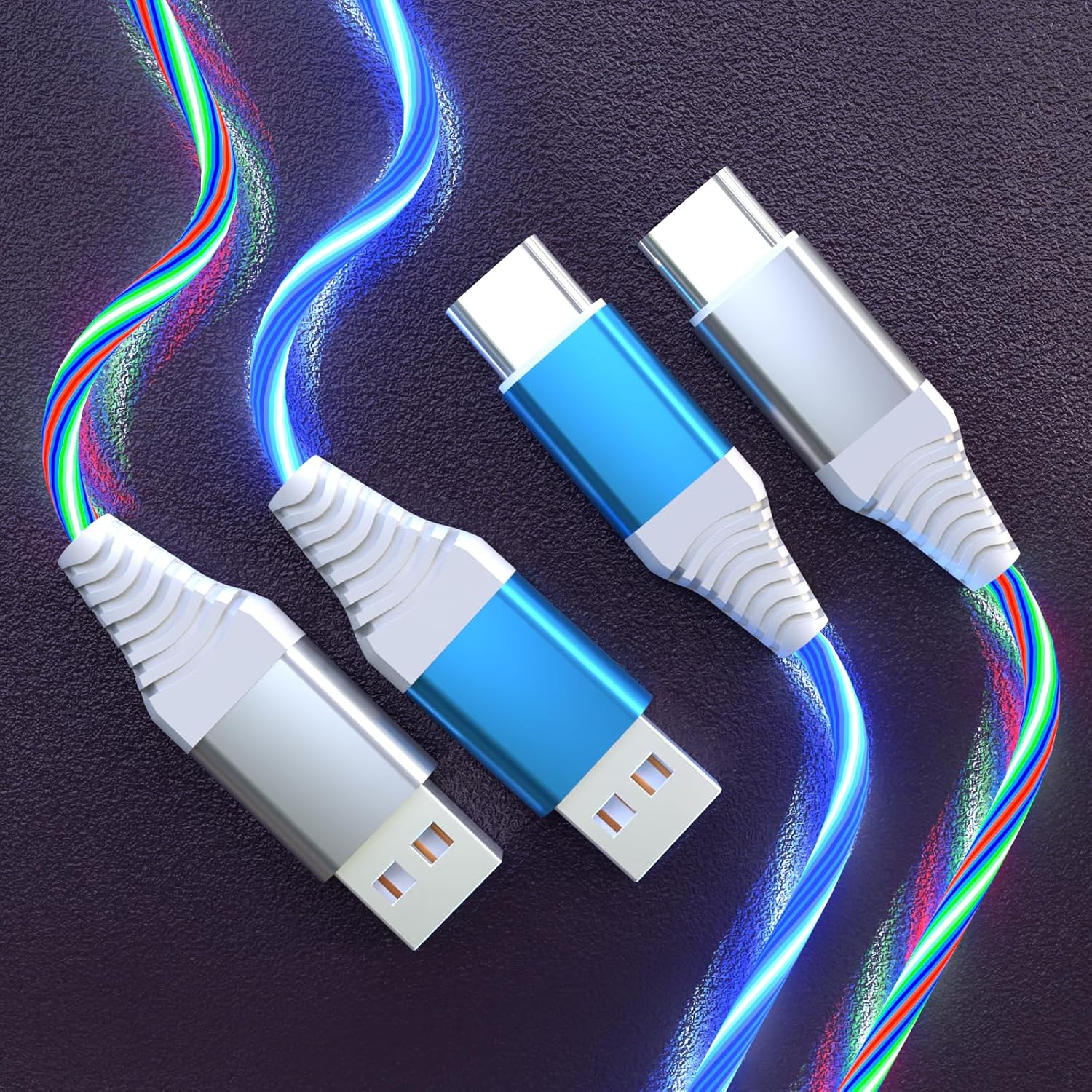 Light Up USB C Charging Cord 3A LED Light Up Type C Fast Charger Led USB-A to USB-C Compatible with iPhone 16/15/Pro/Plus/Pro Max, Galaxy S24/S23/S22/S21/S20,iPad, Pixel and More 3.3FT,Blue&Colorful
