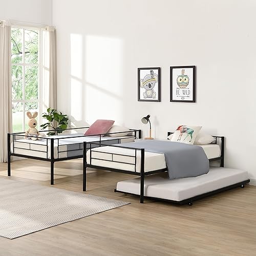 Miniatura 7 de EMKK Litera de tamaño individual sobre individual con nido, marco de cama individual resistente con barandilla y 2 escaleras, litera triple para