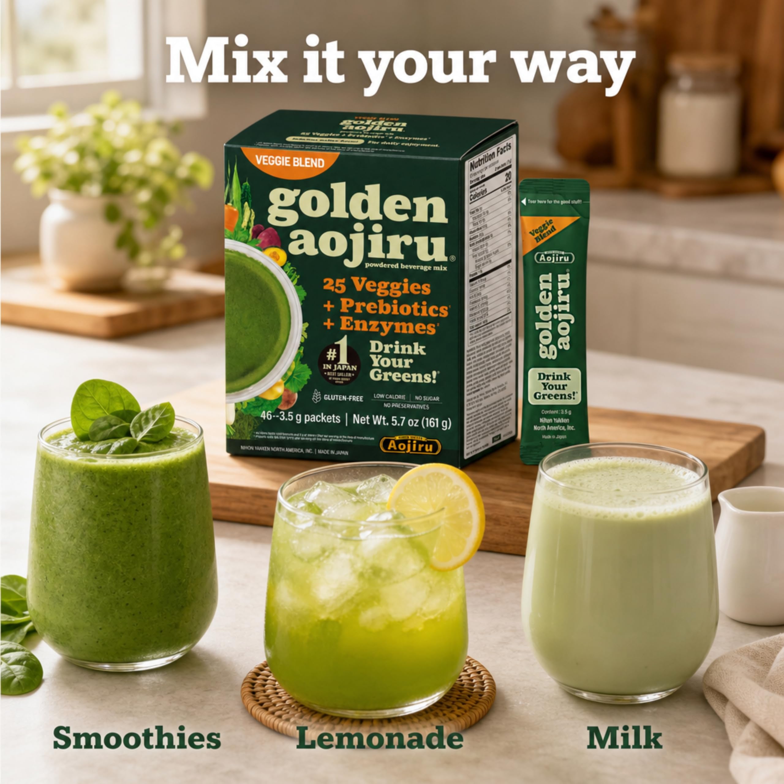 Golden Aojiru Veggie Blend - Greens Powder with 25 Superfood Vegetables, Gluten-Free, Low Calorie, No Sugar, 46 Packets - Made in Japan