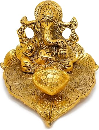 TIED RIBBONS Ganesh Metal Diya, 2.5 Inch | Golden Lord Ganesh Sitting on Paan Leaf Design Oil Lamp | Puja Diya for Diwali Decorations, Ganesh Chaturthi, Temple, Indian Return Gifts