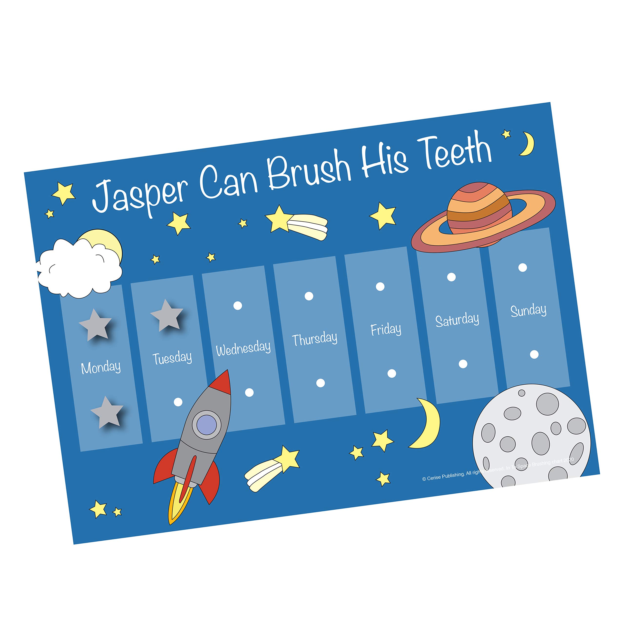 Customisable Boys or Girls In To Space Tooth Brushing Reward Chart A4 Durable Re-Usable teeth Chart with Fastening Stars, for kids & toddler