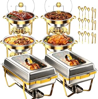6 Pack Chafing Dish Set for Buffet – 4 Pack Gold Round 5QT & 2-Pack Stainless Steel 9QT Food Warmers with Glass Lids, Full Catering Supplies for Parties, Weddings, Events, Includes Serving Utensils &