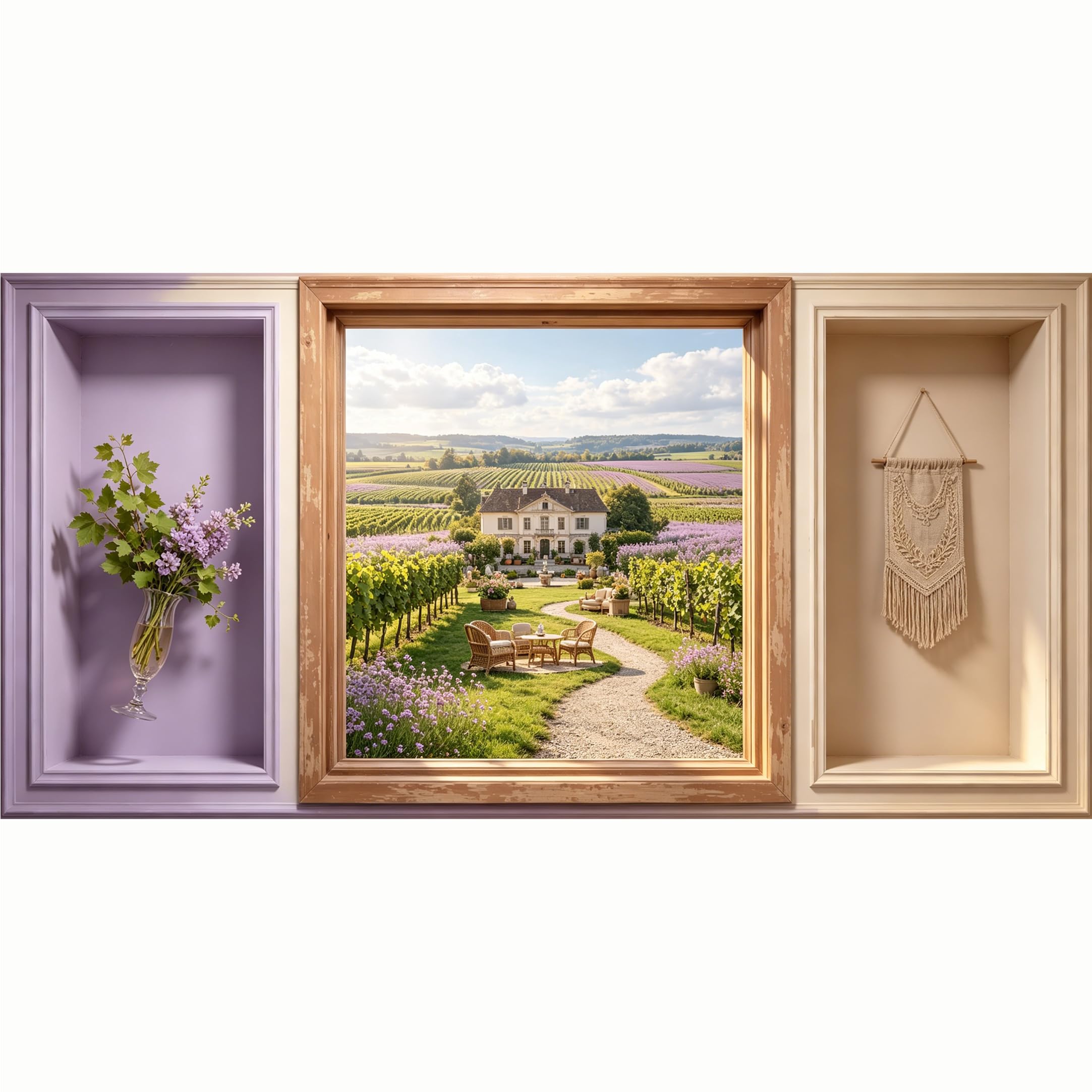 QZLITHOTIC 50x100cm 3D Framed Wall Art， French Country Vineyard Estate Landscape Self‑Adhesive Mural， Water‑Activated Peel & Stick Fabric Decor Wall Decal for Bedroom Living Room