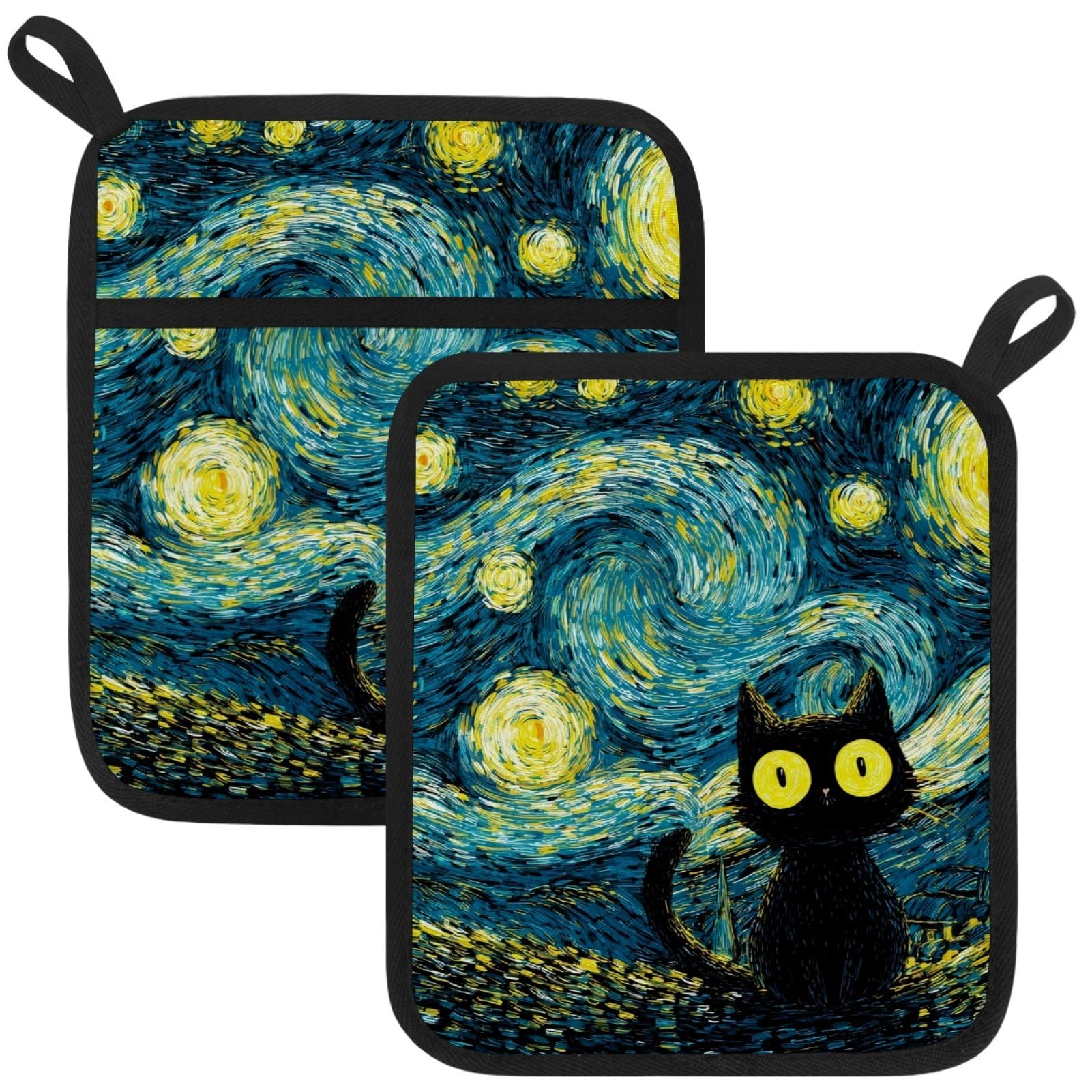 VAPOKF Cat Starry Sky Pot Holders with Pocket for Kitchen Heat Resistant Potholders Large Polyester-Cotton Square Oven Mitts Set