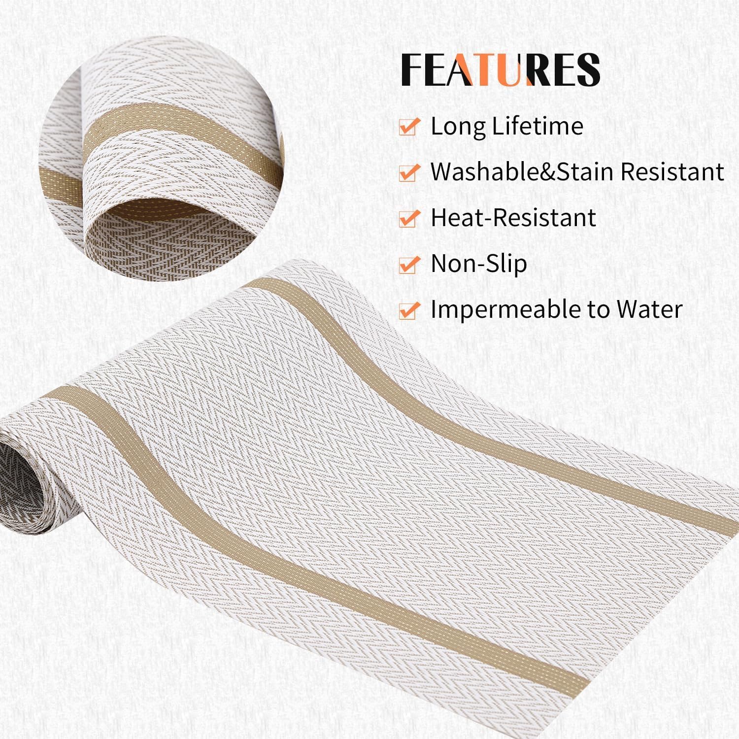 Wosta Dining Table Placemat Set, PVC Material, Non-Slip, Washable and Heat Resistant, Table Runner 180cm x 30cm (D - White Table Runner) 4